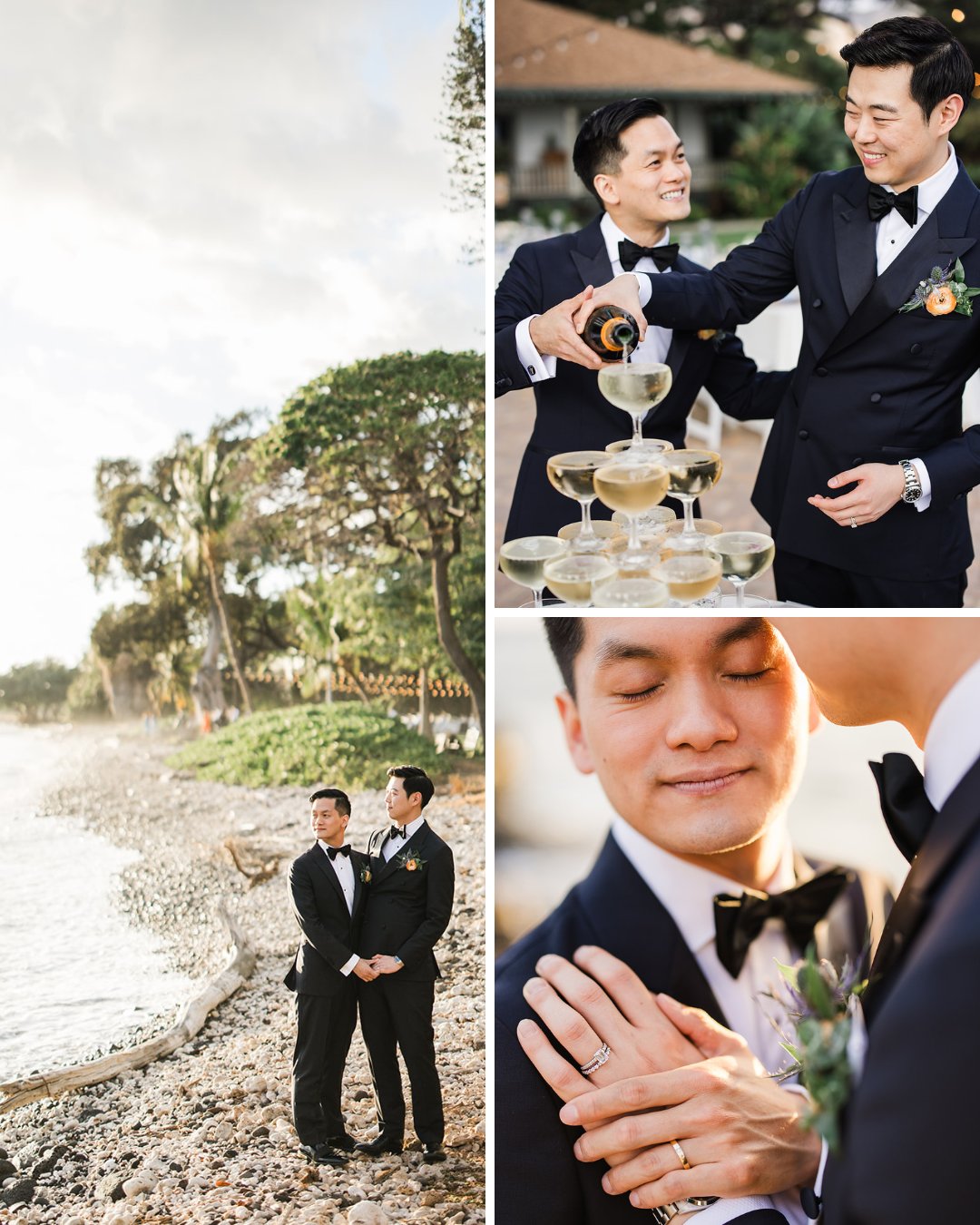 grooms hold each other while standing on rocky maui beach, champagne tour, grooms embrace