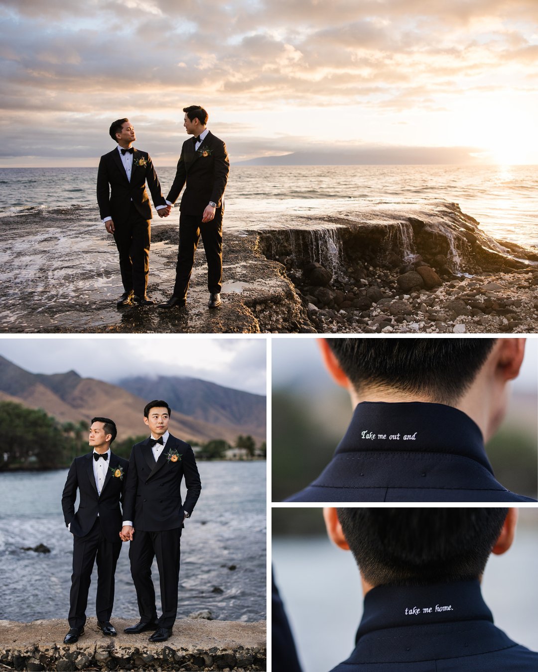 grooms pose next to ocean in Maui
