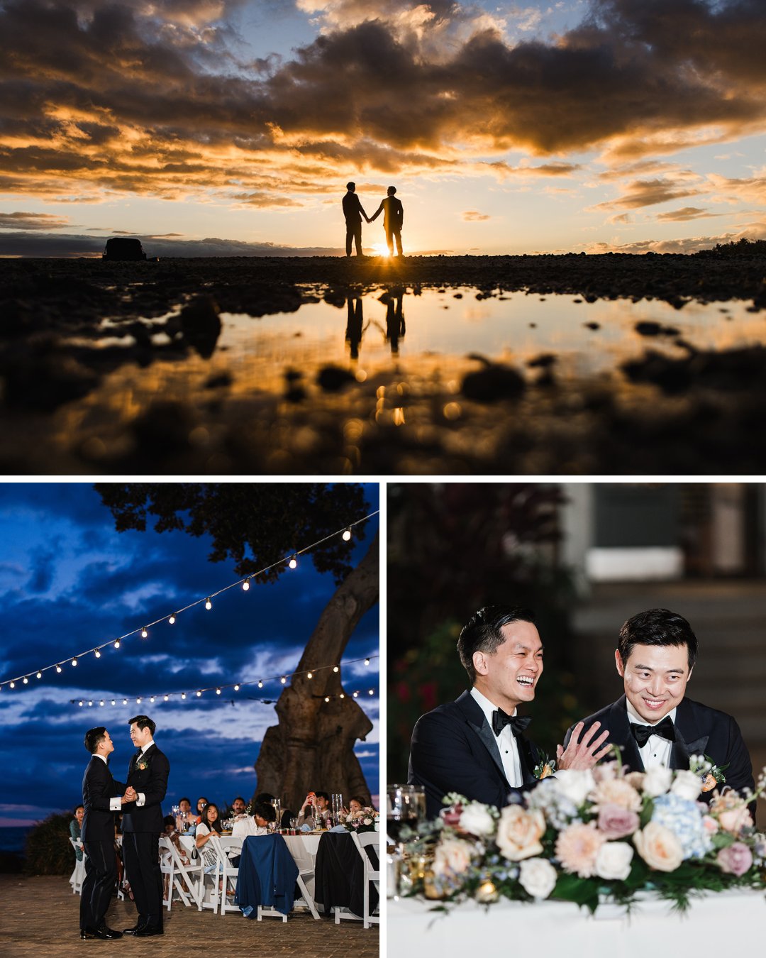 couple by ocean at sunset, first dance, grooms laughing at head table