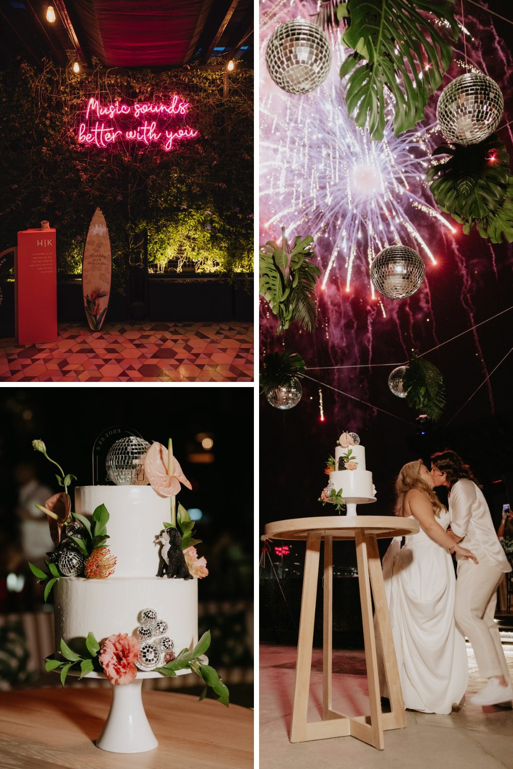 "music sounds better with you" pink neon sign, brides kiss as fireworks shoot off, two tier wedding cake with disco balls, tropical florals and a dog figurine