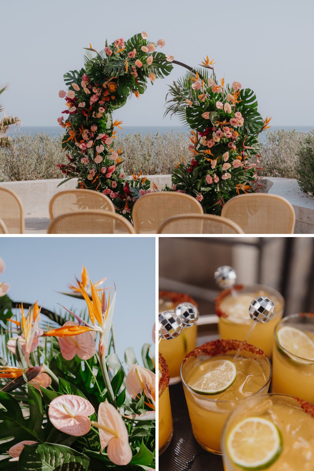 floral circle arch, Birds of Paradise flowers, cocktails with Tajín rim and disco ball stirrers 
