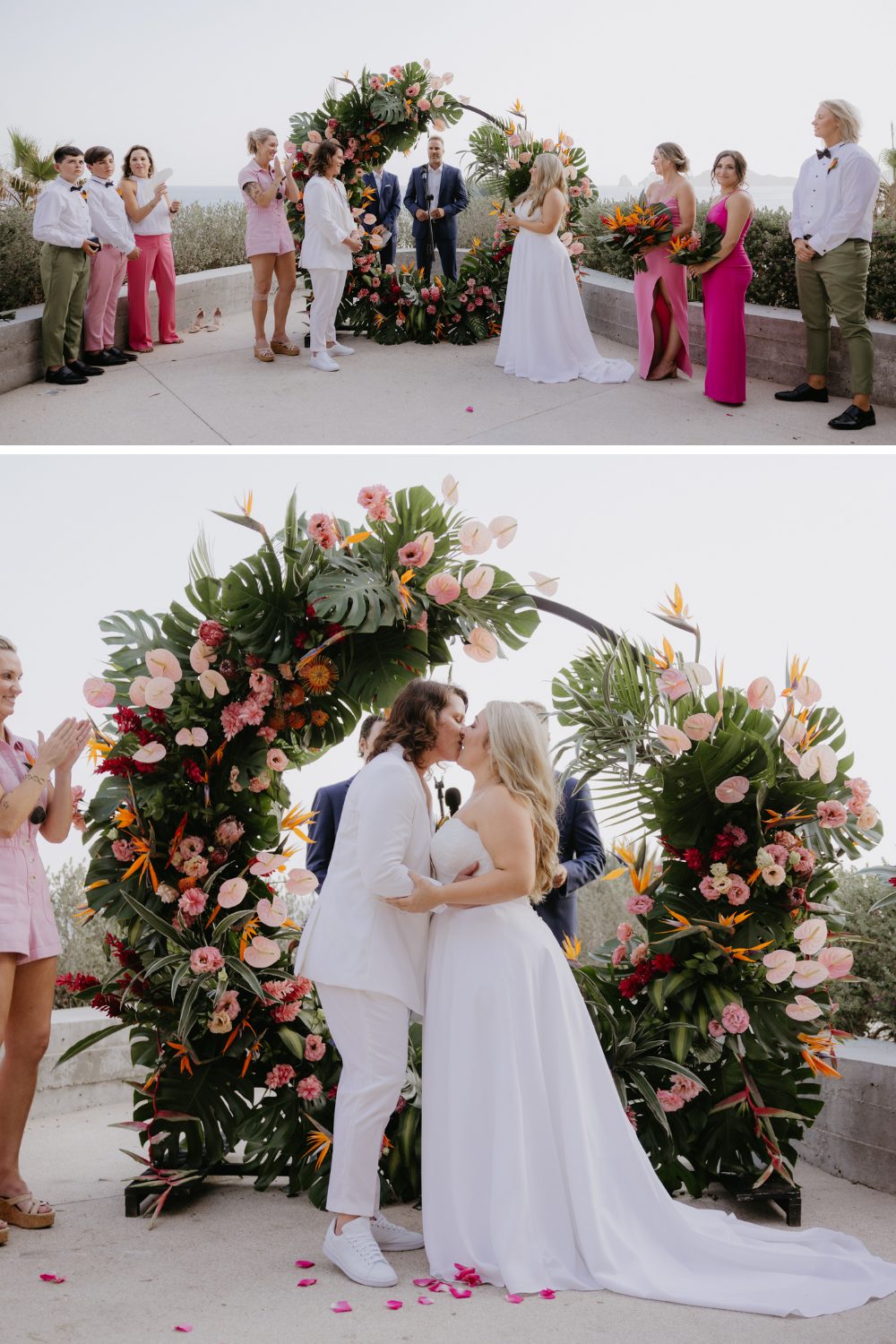 brides stand at altar and then kiss while the bridal party claps