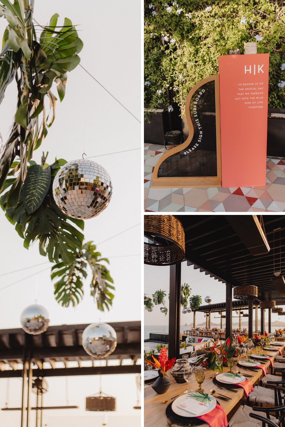 disco balls and palm fronds hung on thin wire, unique sign prompting guests to sign the "guest book" surf board, table set up with tropical decor