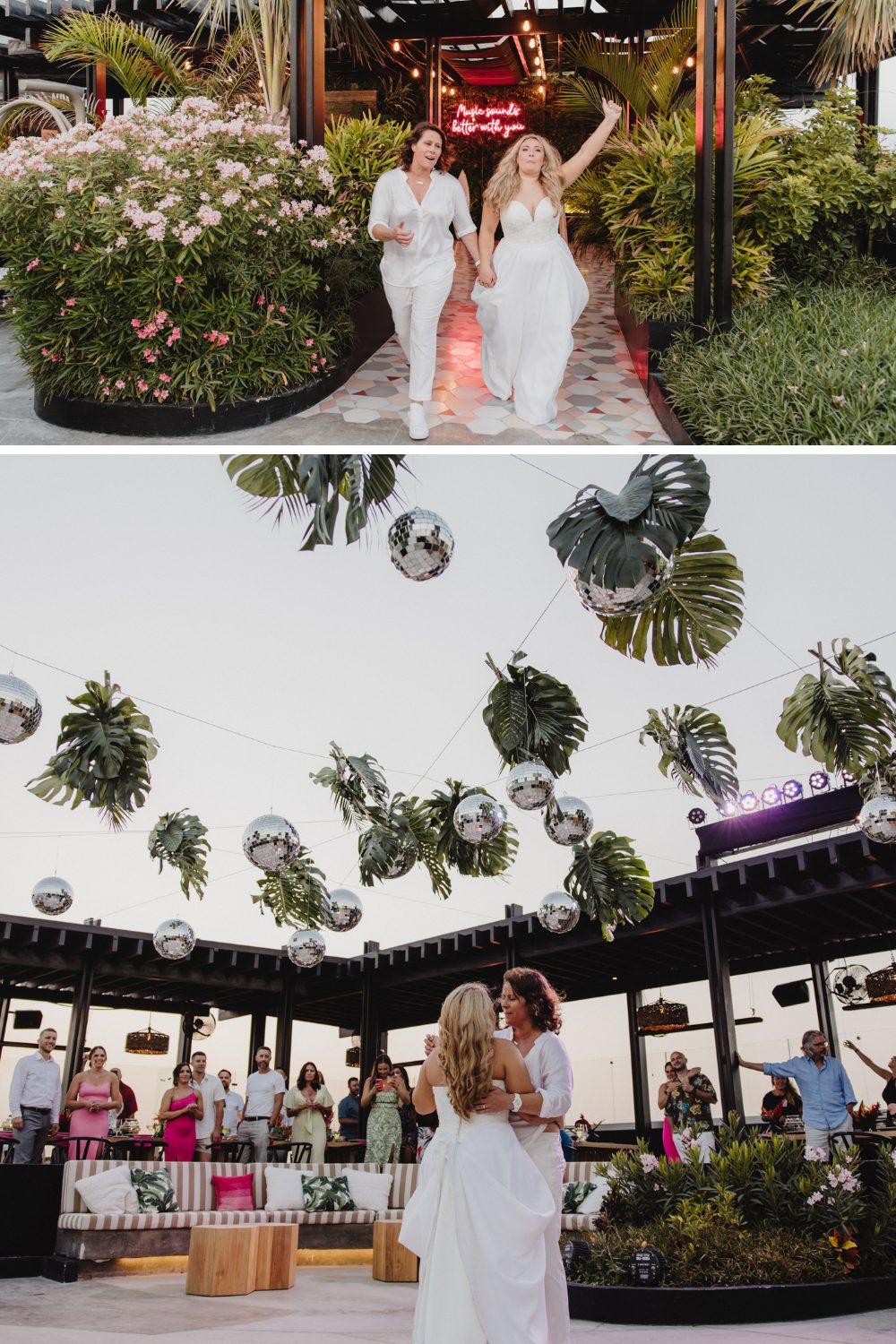 brides entering reception and then dancing to first dance under disco balls