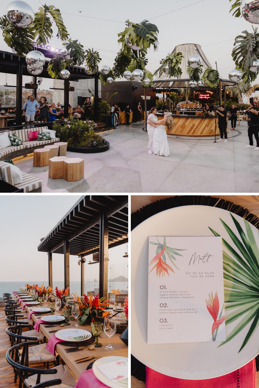 brides dancing while guests look on, tropical wedding decor with pops of pink