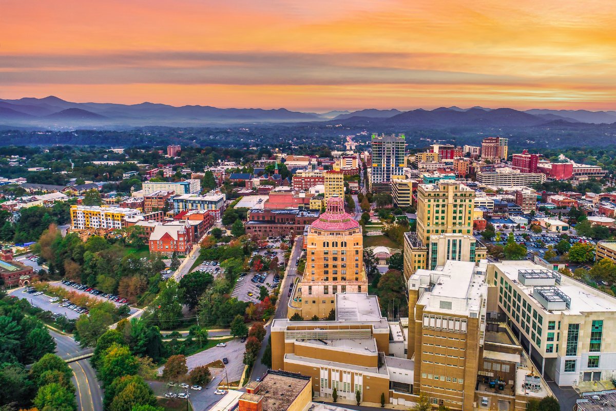 wide angle view of downtown Asheville, North Carolina