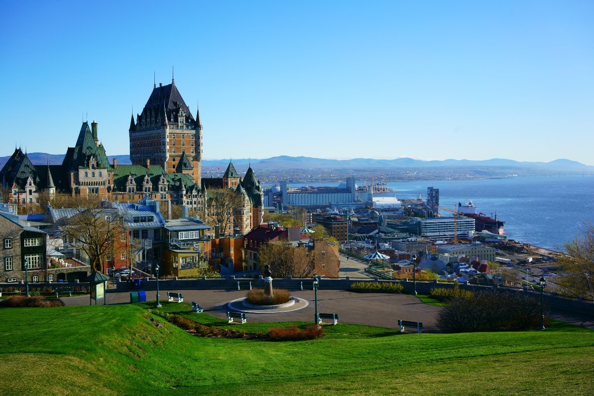 wide angle of old building overlooking Quebec City's downtown and harbor