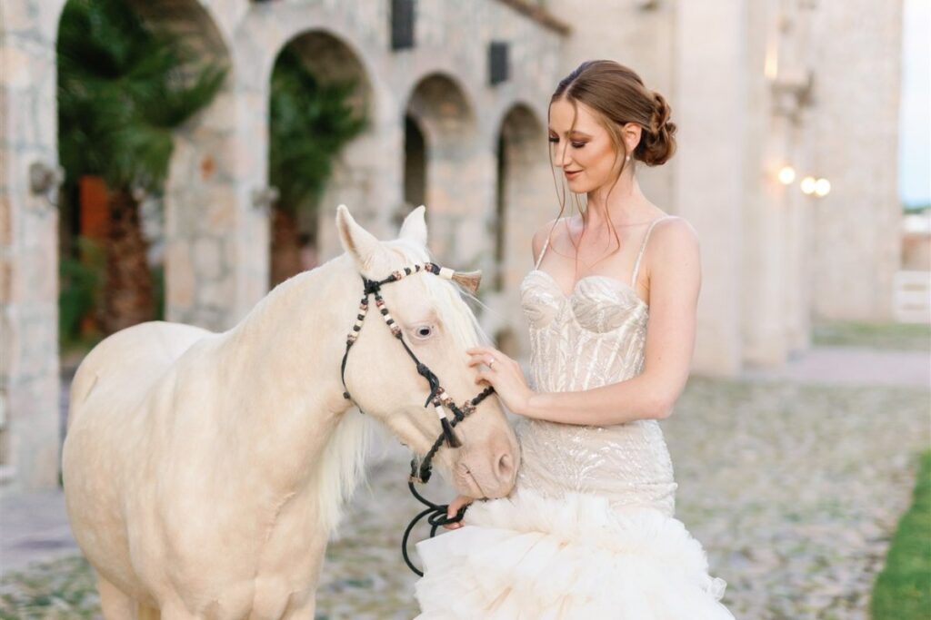 bride pets miniature white horse