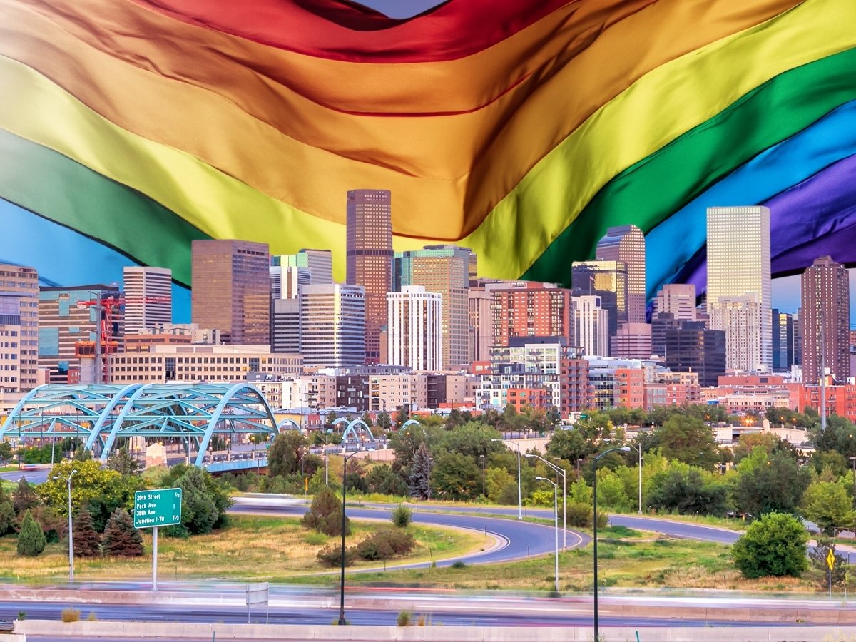 skyline of Denver with Pride flag replaced with the sky