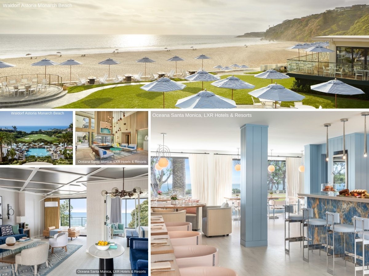 collage of the Waldorf Astoria Monarch Beach grounds and interior rooms and bar of Oceana Santa Monica