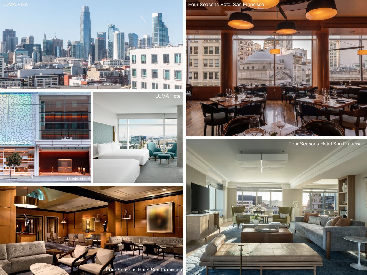 collage of interior, exterior and views from LUMA Hotel and Four Seasons Hotel San Francisco