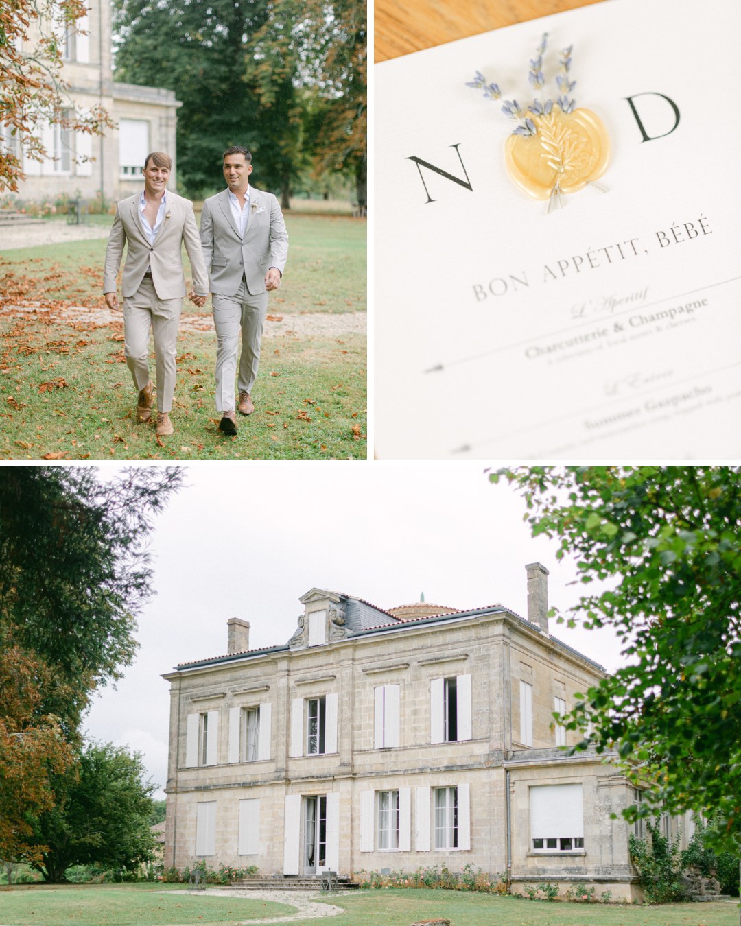 A collage with three images: two men in light gray suits walk in a grassy garden surrounded by trees; a close-up of a menu with gold wax seal, lavender sprigs, and elegant text; and a large, two-story stone building with tall windows.