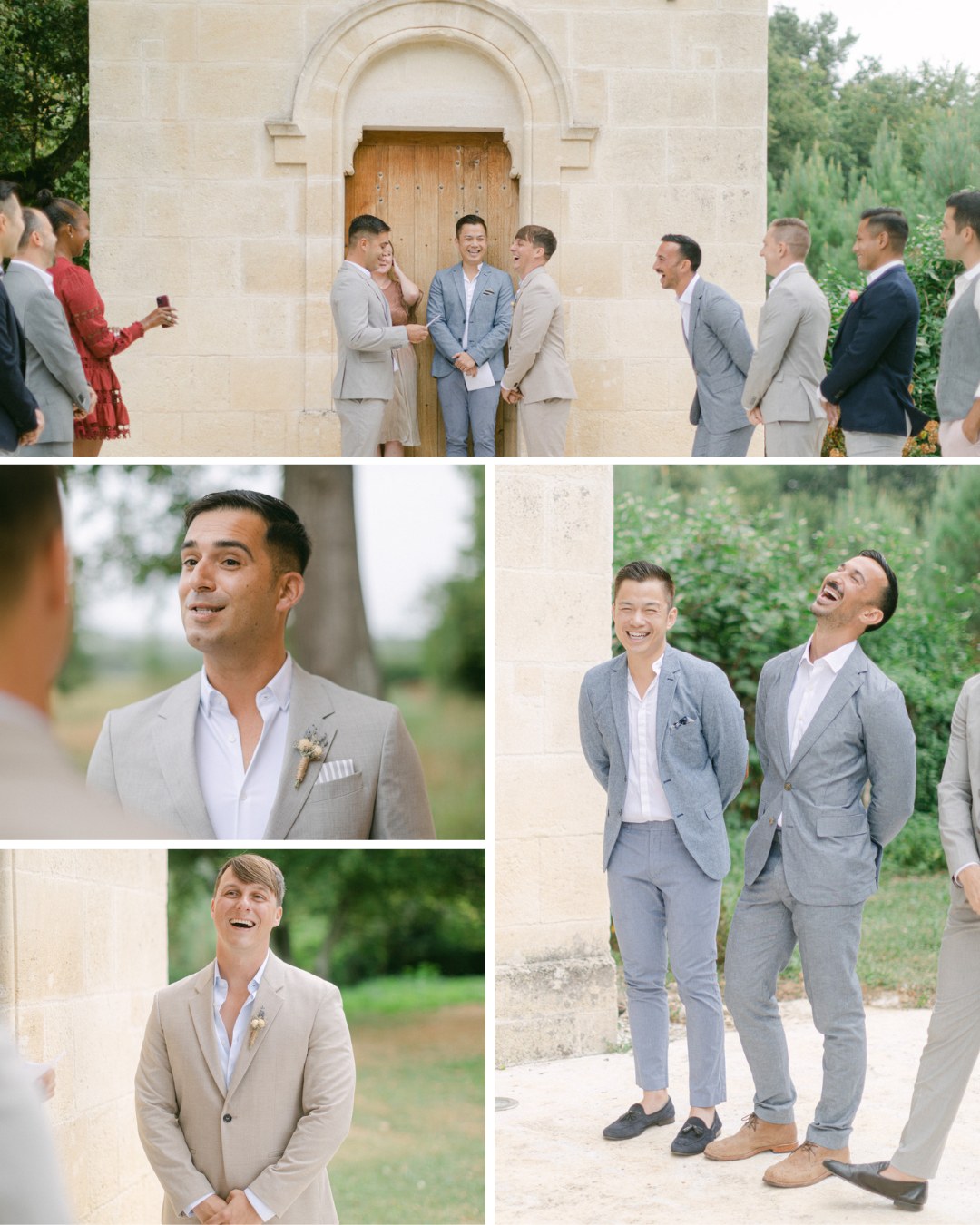 A collage of five images from a wedding ceremony. The groom, dressed in a light gray suit, is seen laughing and standing with several groomsmen, all in similar suits. The outdoor setting includes a stone archway and greenery. The mood is joyous and celebratory.
