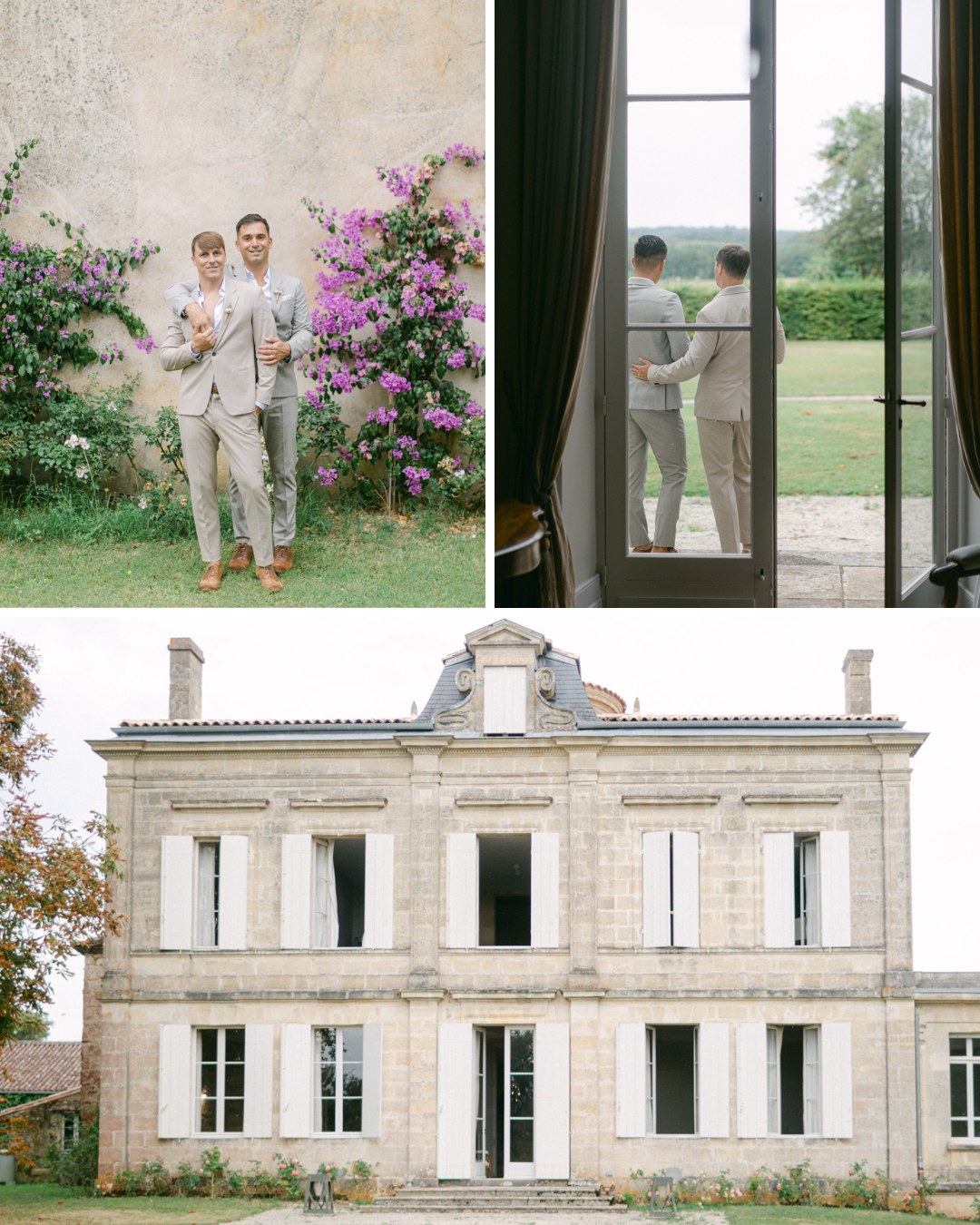 Top left: Two people in suits stand in front of a flowering bush, smiling and making celebratory gestures. Top right: The same two people stand side by side, looking out through large glass doors towards a green landscape. Bottom: A large, rustic building with numerous windows and shutters.
