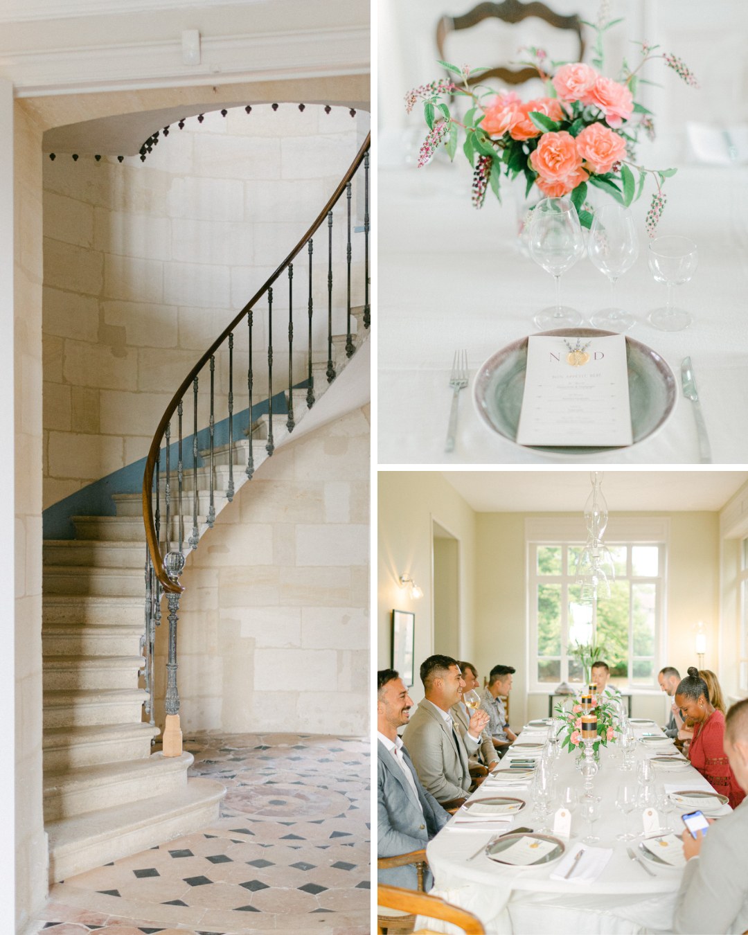 A three-part image: the first part shows a spiral staircase with a stone wall and metal railing. The second part displays a table set with a floral centerpiece of pink roses and a menu. The third part shows people seated at a dining table in a well-lit room.