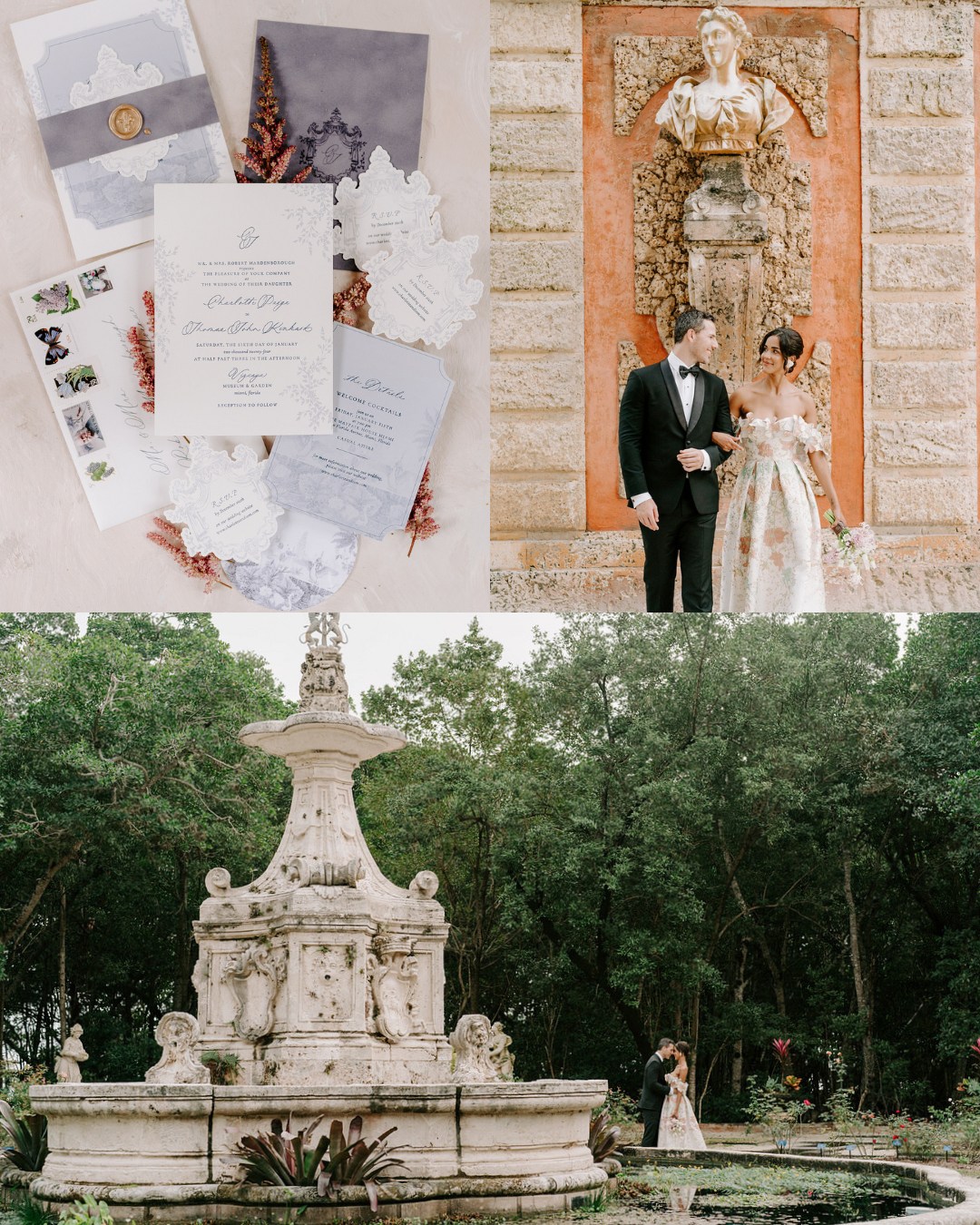 collage of vintage stationery suite, couple in front of golden statue of a woman, couple by an intricate fountain