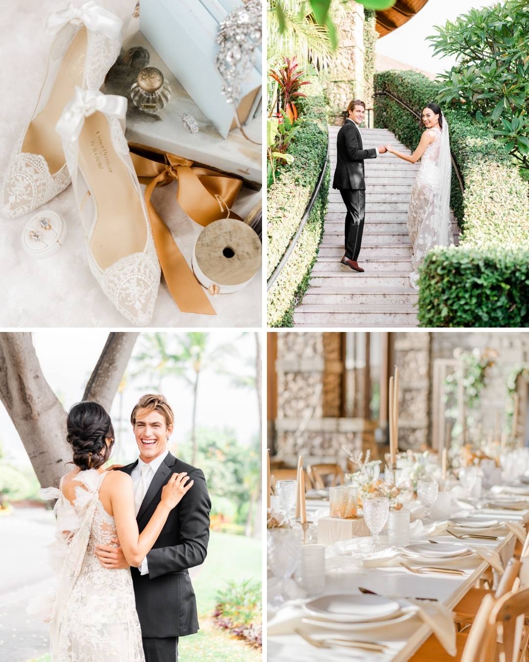 A collage of four wedding-related images. Top left: A close-up of bridal shoes and accessories. Top right: A couple holding hands on stone steps surrounded by greenery. Bottom left: A groom embraces his bride outdoors. Bottom right: A set wedding reception table.