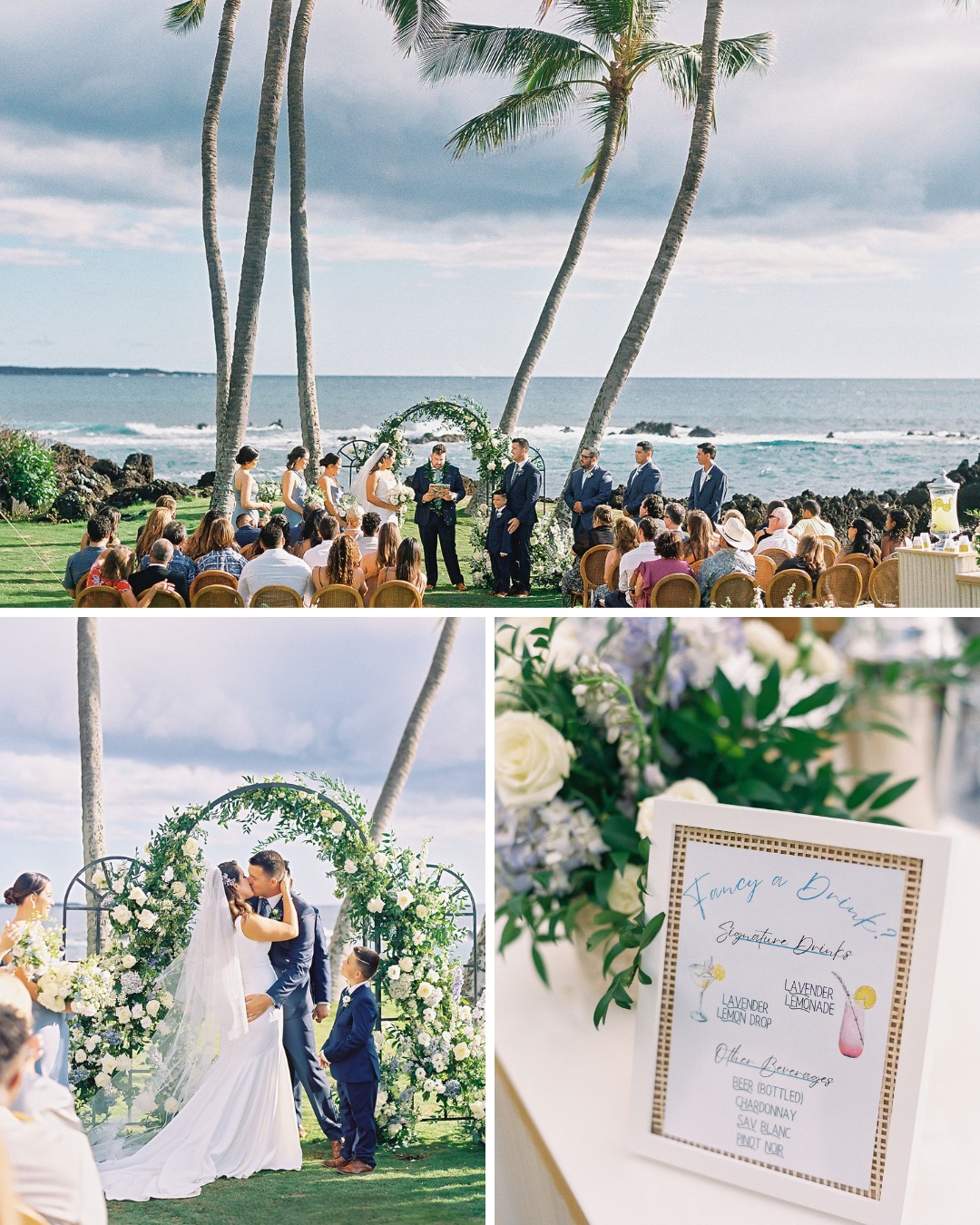 A beachside wedding ceremony under palm trees with an ocean backdrop, featuring a green and white floral arch. The couple shares a kiss while guests watch. Below, a close-up of their embrace and a reception menu with floral decor.