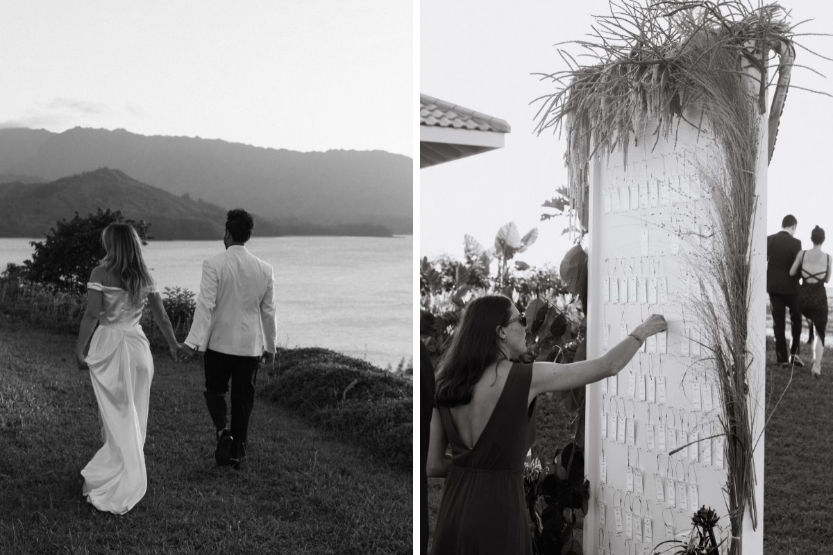 A black-and-white image divided into two parts: on the left, a couple holding hands walks toward a distant mountain and body of water during twilight; on the right, guests dressed formally examine seating arrangements displayed on a tall structure adorned with plants.