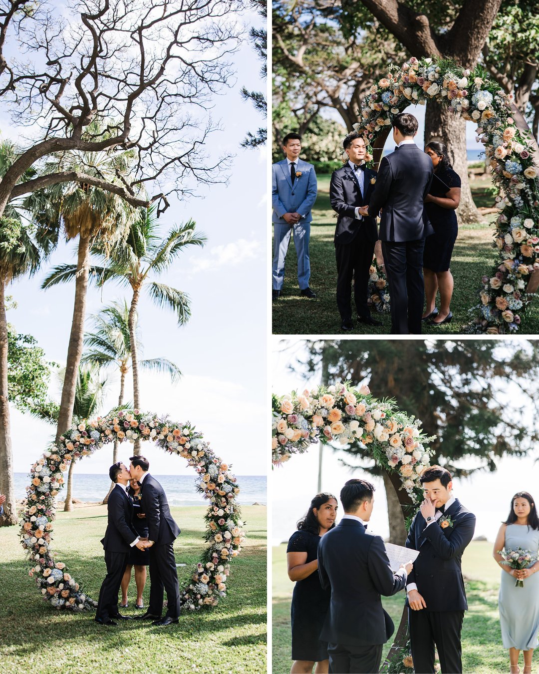 A wedding ceremony outdoors by the ocean, under a circular floral arch. The collage shows two grooms exchanging vows and kissing. The couple wears dark suits and is accompanied by bridesmaids in light dresses and a groomsman. Trees and a sunny sky frame the scene.