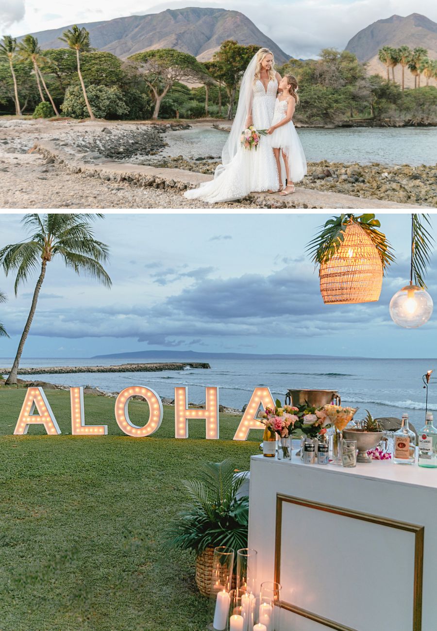 A bride in a white gown and a flower girl in a cream dress stand by a scenic shore with mountains and palm trees in the background. Below, there's an outdoor reception setup with a lit "ALOHA" sign, a bar with drinks, and tropical decorations near the ocean.