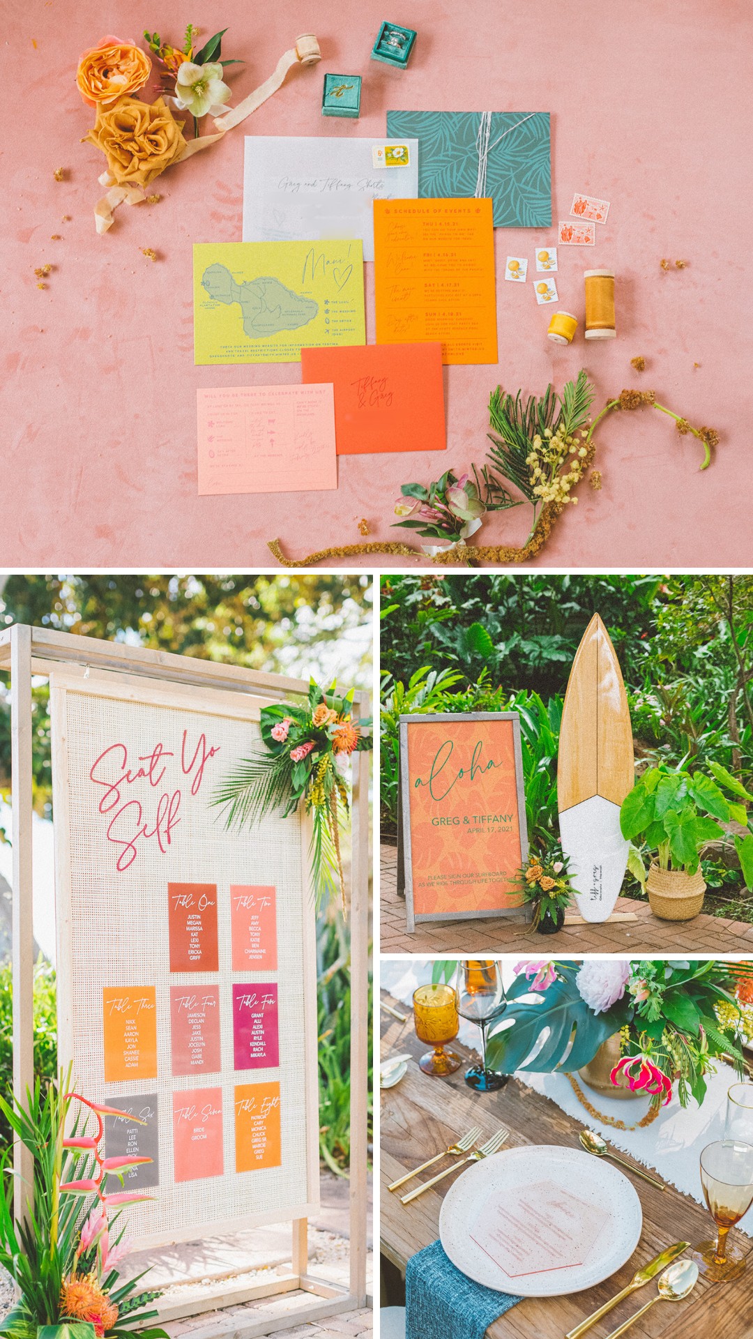 A colorful wedding display featuring various vibrant invitation cards on a pink surface, a seating chart adorned with flowers, a surfboard guestbook, and a tropical-themed table setting with a white plate, cutlery, and a floral centerpiece.