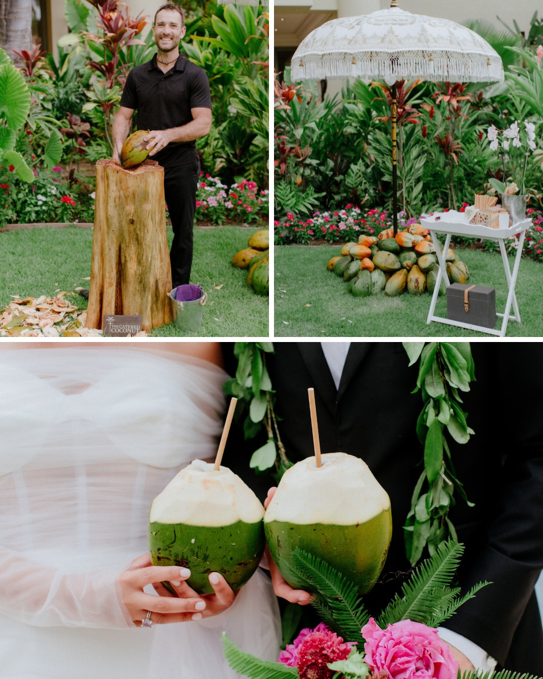 A smiling man dressed in black stands beside a wooden stump, cutting open a cacao pod on a lush green lawn. Nearby, an elegant white parasol shades a small table laden with coconuts, surrounded by vibrant tropical plants. Couple holds two coconuts with straws in them.