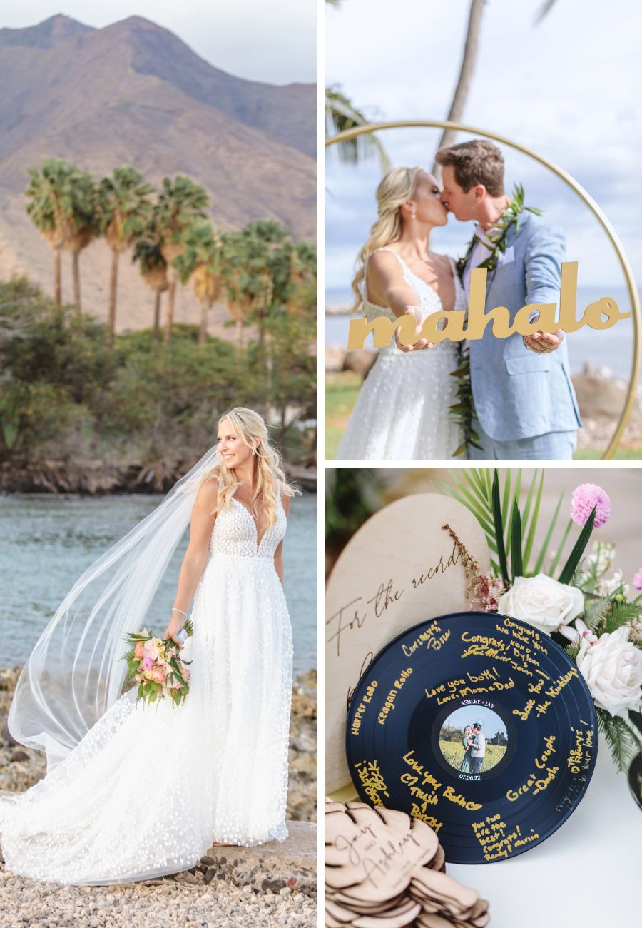 A collage of three wedding photos: top left shows a bride holding a bouquet in front of a tropical landscape, top right features the couple kissing by a "mahalo" sign, and the bottom shows a vinyl record with messages written on it as a guest book alternative.