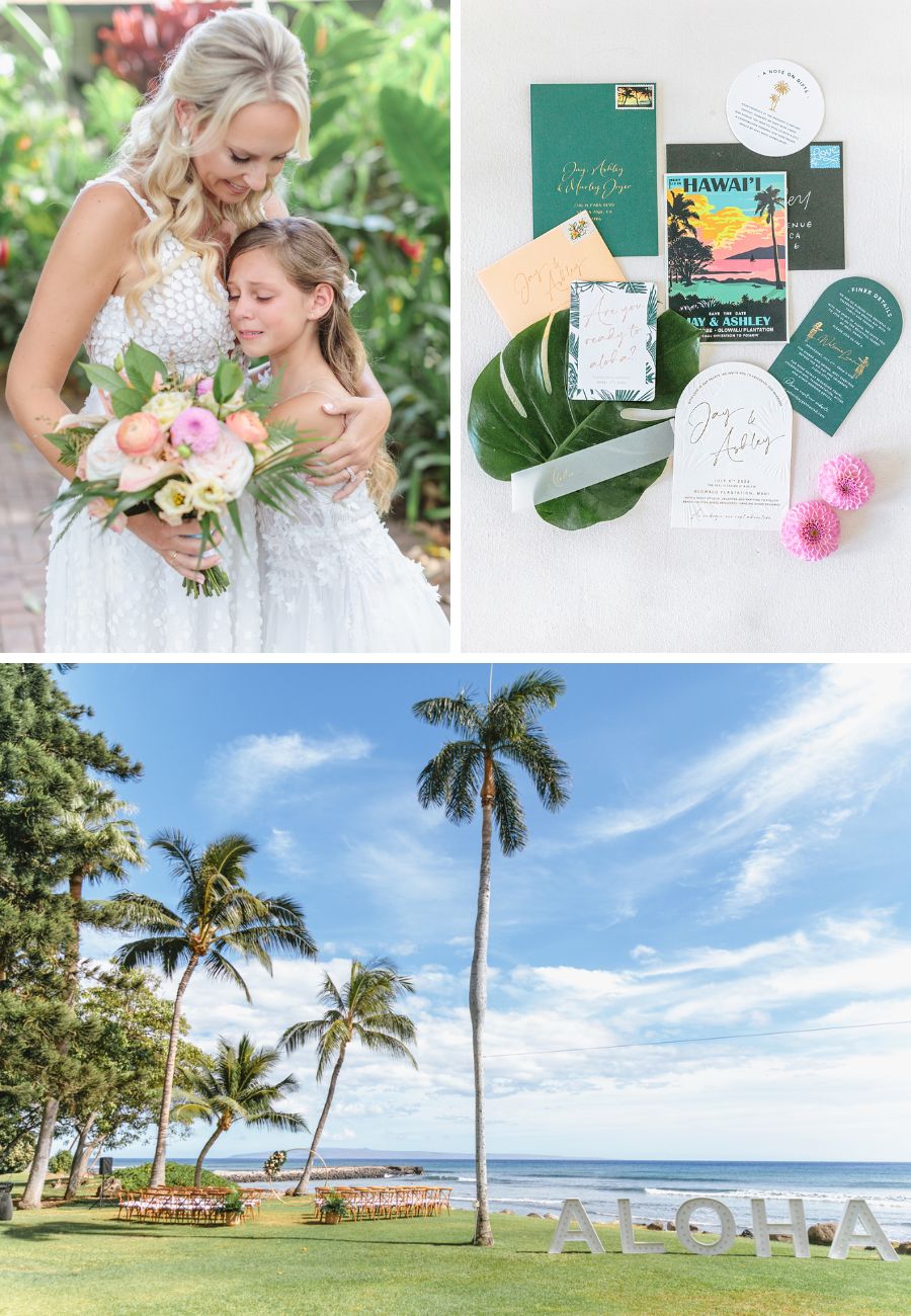 A bride hugging a smiling girl, both holding a flower bouquet. Beside this, a collage of wedding-themed invitations and cards. Below, a picturesque beach with palm trees, a grass area for ceremonies, and a large "ALOHA" sign next to the water.