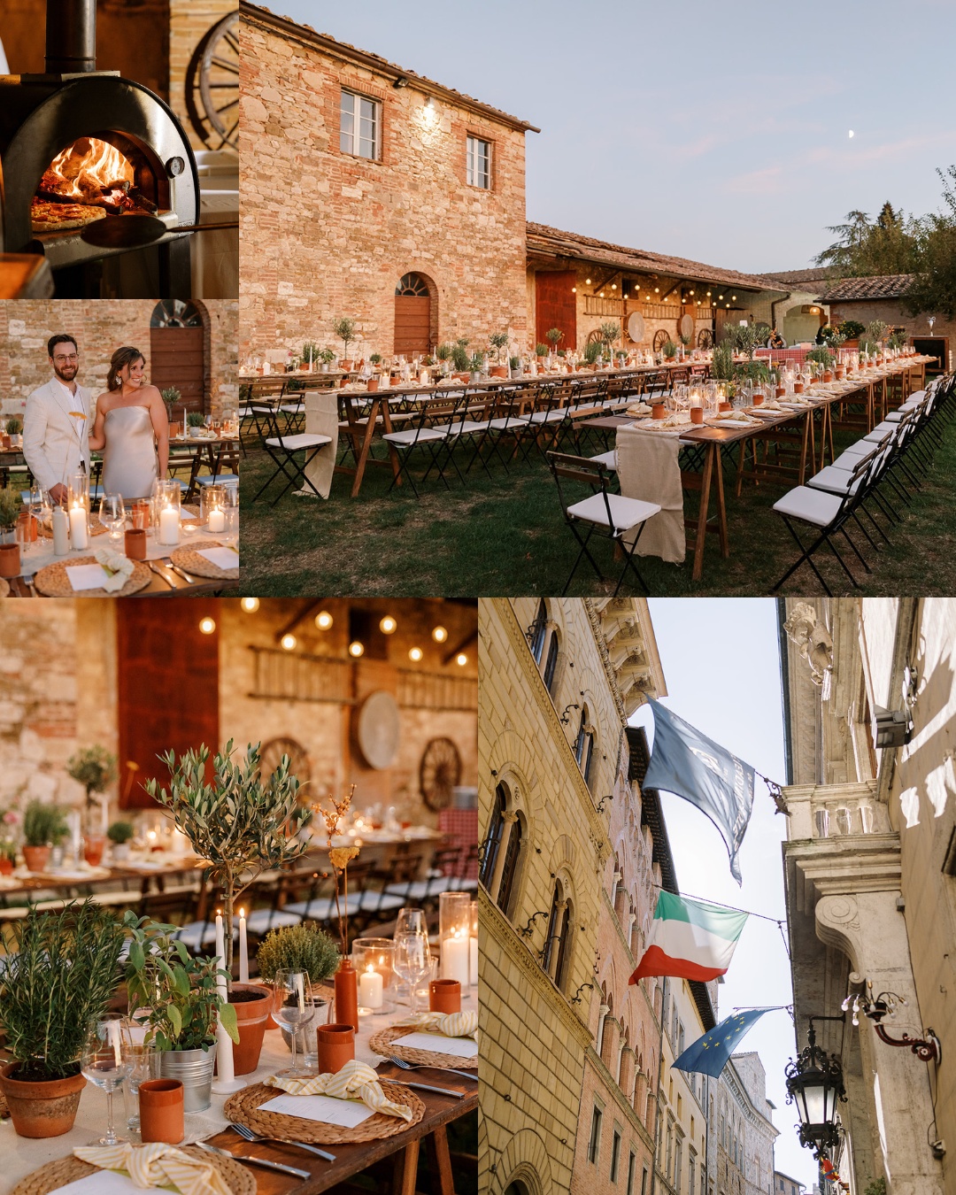 A collage of four photos from a wedding: a smiling couple by a stone building, a long dining table set for guests in a garden, close-ups of the table decor with candles and potted plants, and flags hanging from buildings in a historic town.