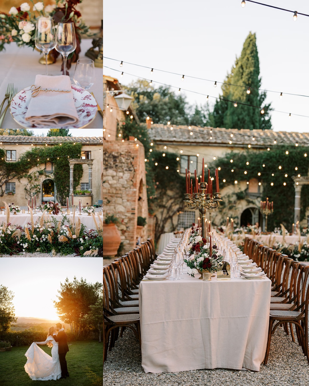 A collage of a romantic outdoor wedding features: a table set for a wedding reception with candelabras and string lights; a close-up of a decorated napkin and glasses; a floral centerpiece; the couple dancing at sunset; the reception set among historic stone buildings.