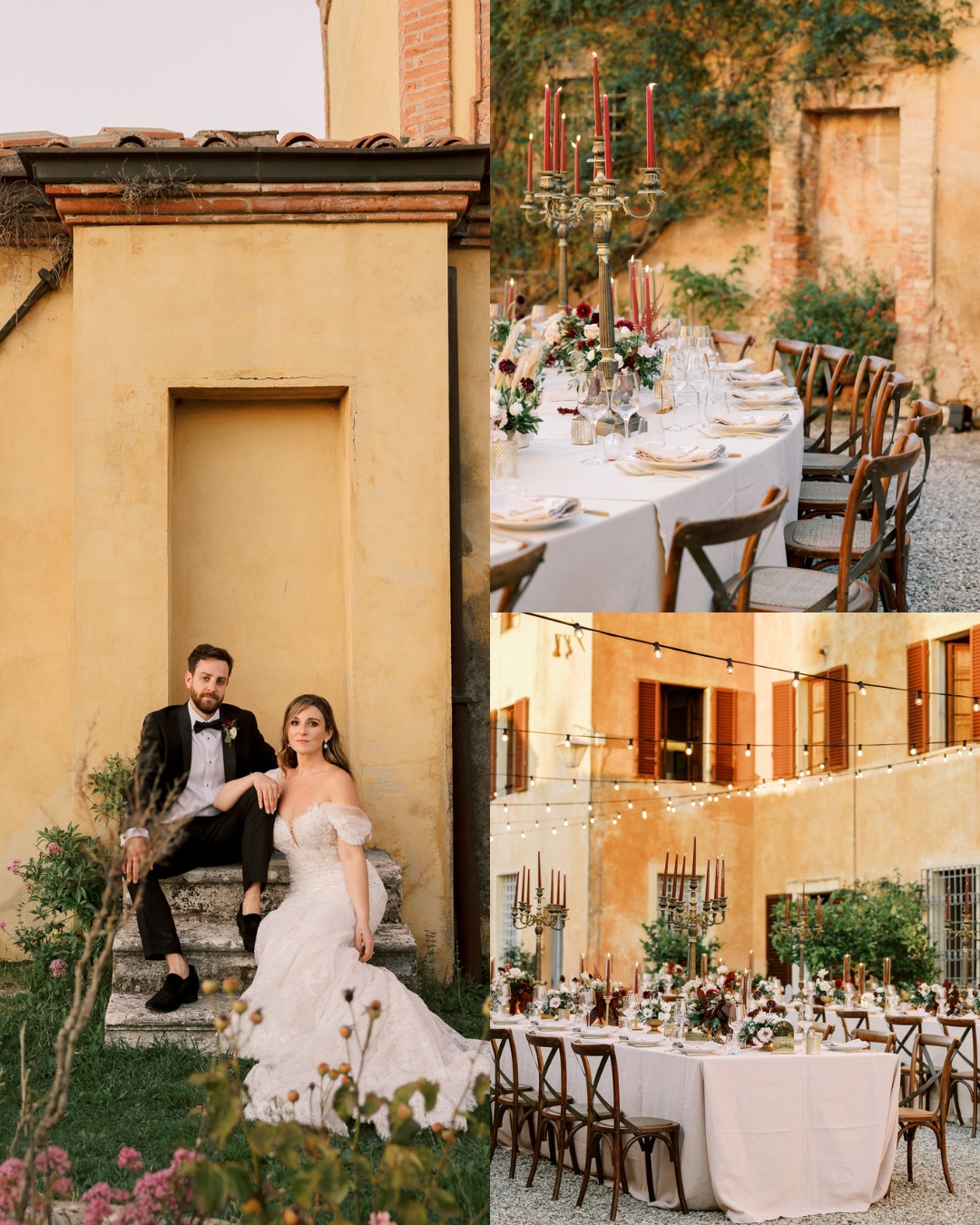 A bride and groom sit on steps against a yellow wall on the left side of the image. On the right and below, there are two images of outdoor wedding reception setups with white tablecloths, floral centerpieces, tall red candles, and string lights in a courtyard.