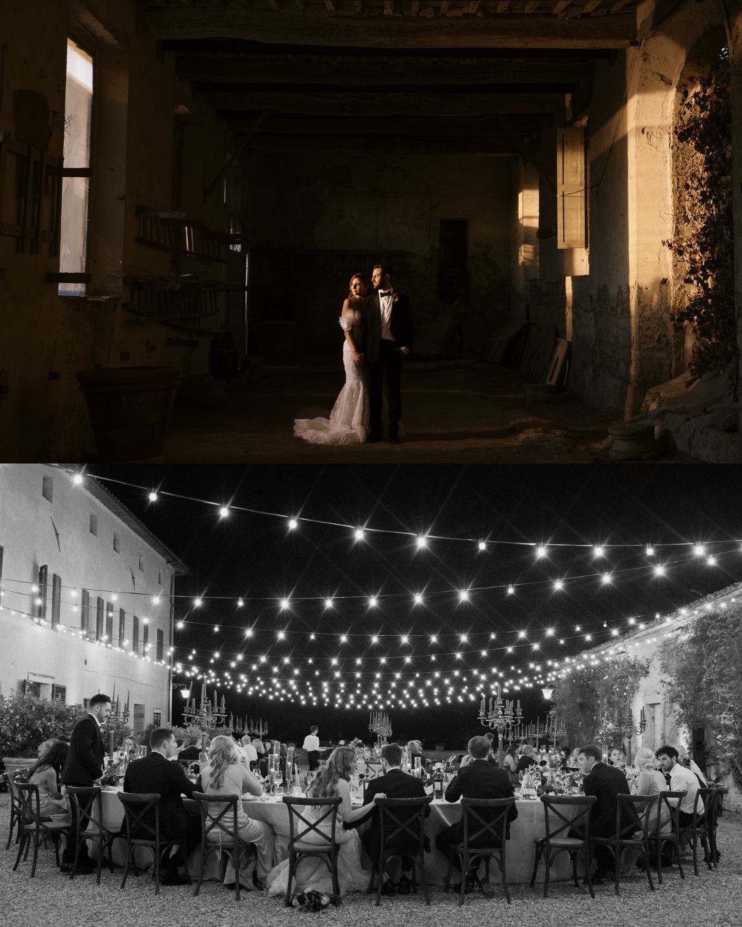 The image is divided in half. The top shows a couple in wedding attire standing inside a dimly lit, rustic building. The bottom half depicts an outdoor wedding reception at night, with guests seated under a canopy of string lights at a long, decorated table.