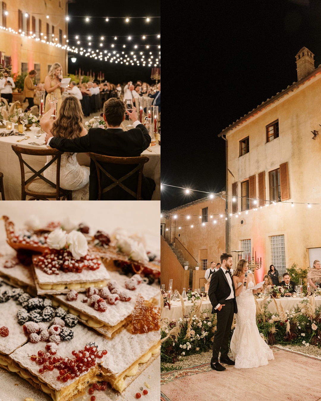 A collage of images from a wedding celebration. The top photo shows a nighttime outdoor dinner with string lights; a bride and groom with guests. The bottom left image features layered pastries topped with berries. The bottom right shows the couple dancing under string lights.