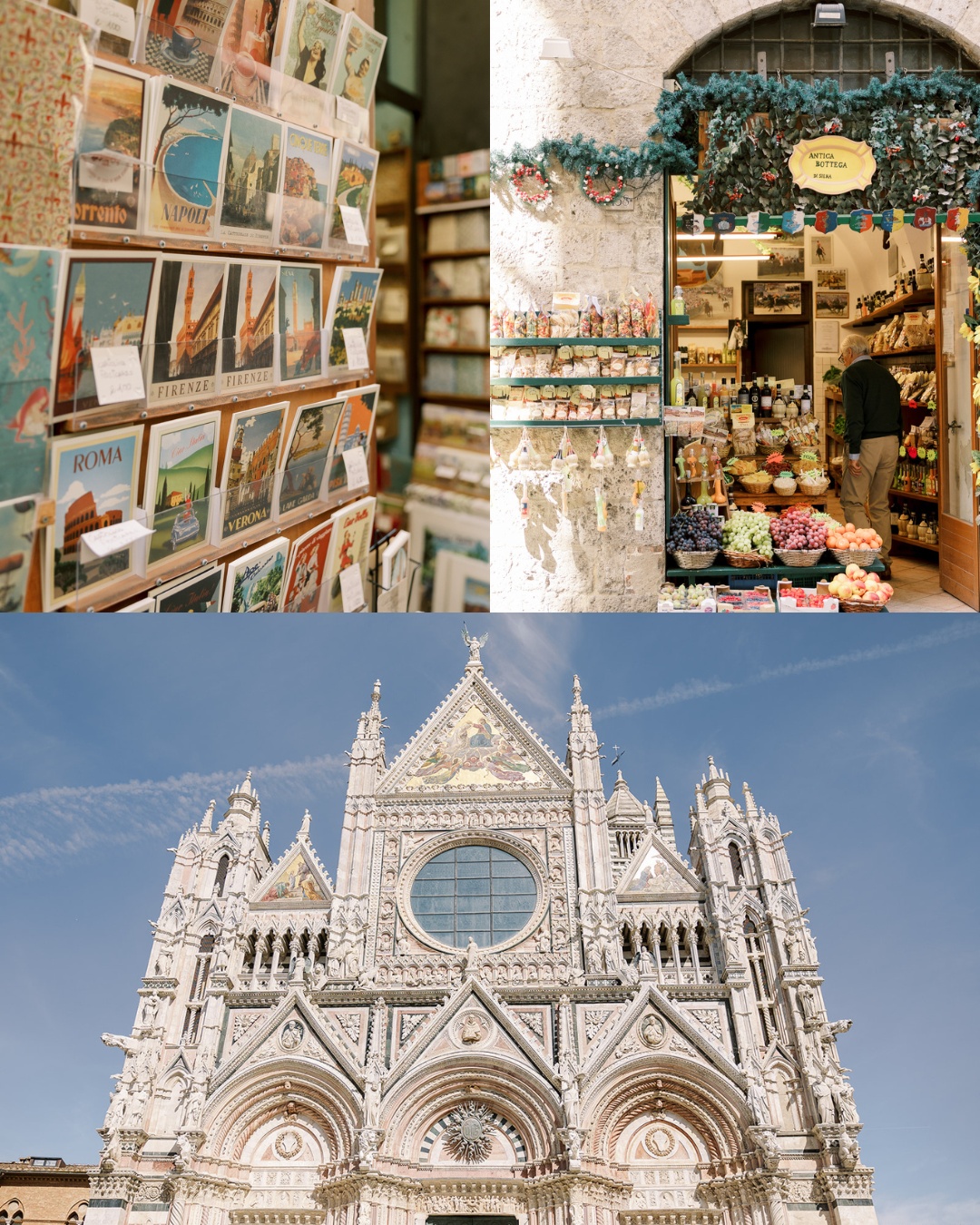 A triptych image: The left section shows a rack of postcards featuring various Italian cities. The right section depicts the exterior of a quaint, traditional store with food and souvenirs on display. The bottom section features the façade of the Cathedral of Siena under a clear sky.