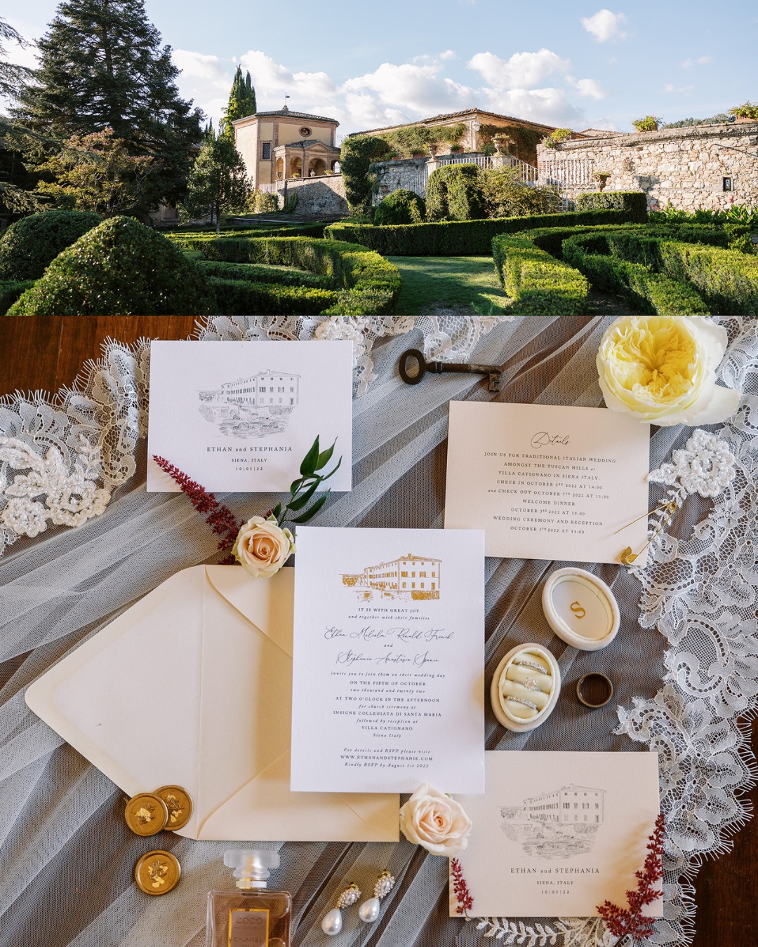 A beautifully arranged wedding invitation suite is displayed on a table with delicate lace, a yellow rose, and vintage buttons. Above this, a serene landscape image shows a grand estate with manicured gardens and a large historic building in the background.