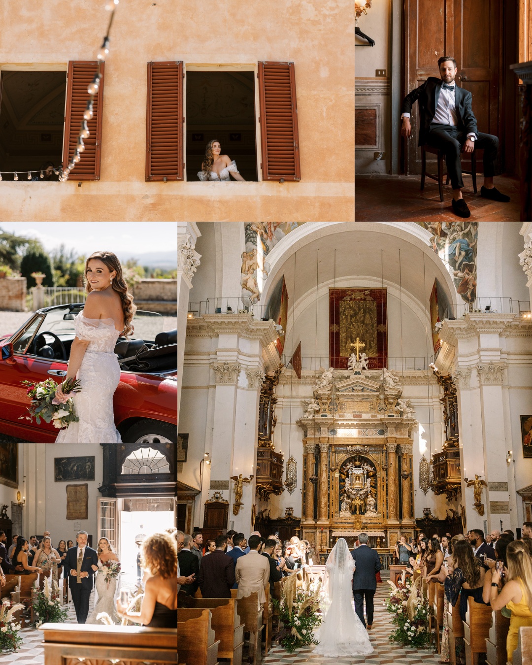 A collage shows a bride and groom on their wedding day. The bride stands by a car with a bouquet and looks out a window. The groom sits in a room. An ornate church interior is filled with guests as the couple stands at the altar during the ceremony.