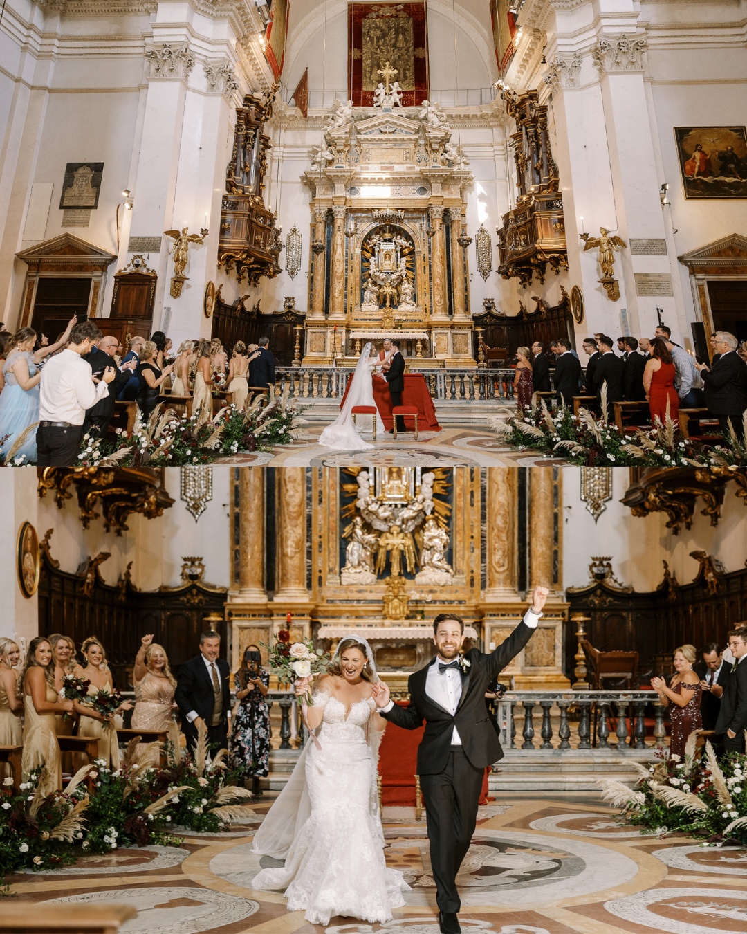 A newlywed couple celebrating in a grand, ornate church. The top half shows them standing at the altar; the bottom half captures them walking down the aisle, hand in hand, as the bride waves joyfully to the guests. The setting is lavishly decorated with flowers.