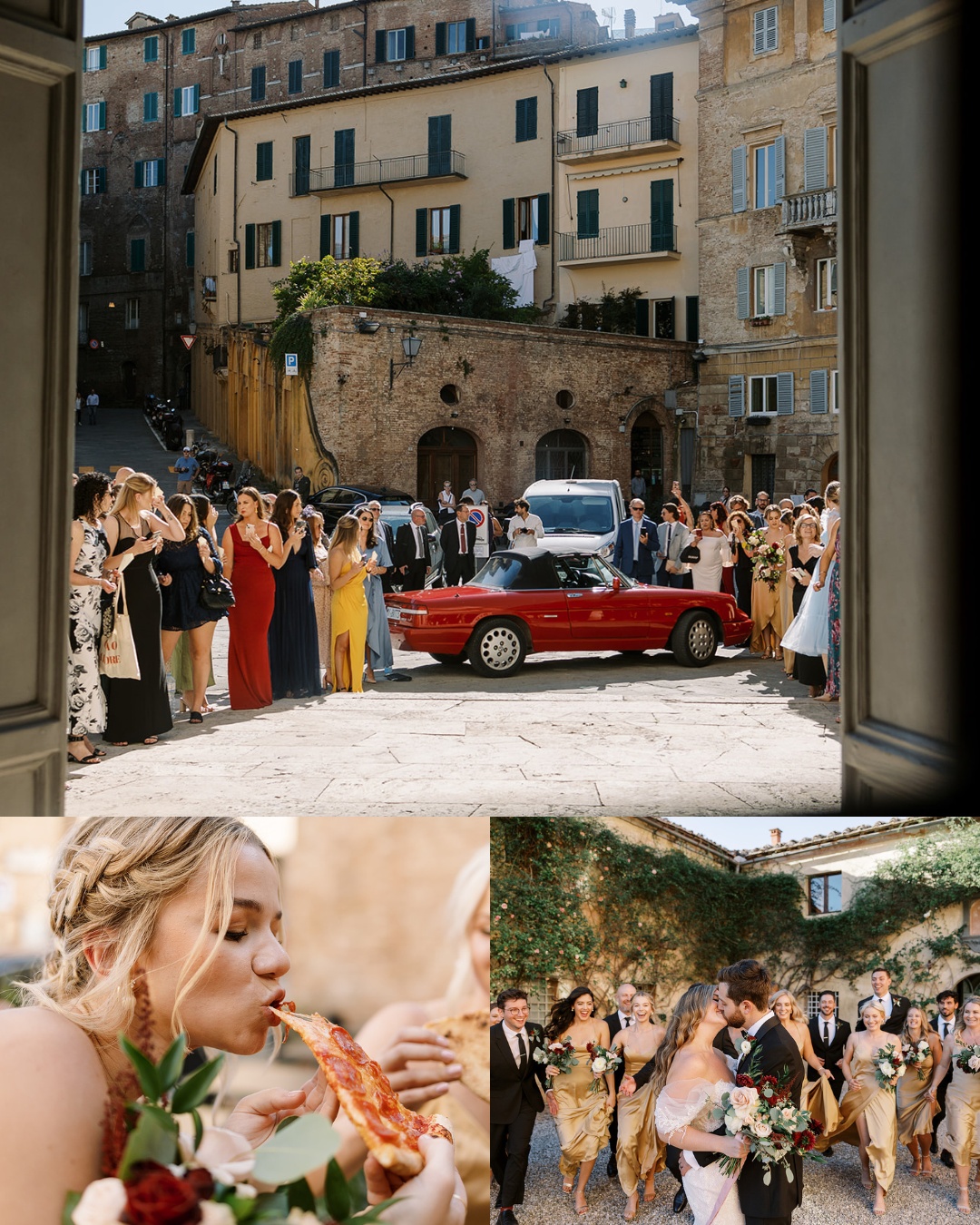 Top: A red convertible with a newlywed couple approaches a cheering crowd in an old European town square. Bottom left: A bridesmaid in a golden dress and braided hair eats pizza. Bottom right: The newlyweds kiss, surrounded by their bridal party holding bouquets.