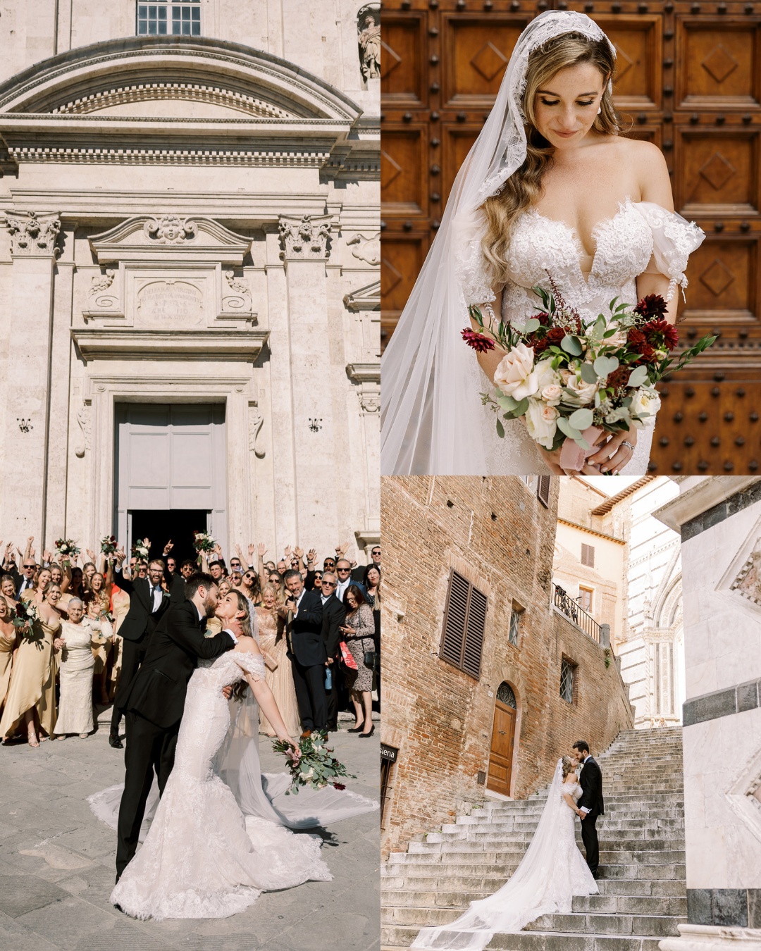 A collage features a wedding: Top left: The couple kisses in front of a church, surrounded by guests. Top right: The bride, in an off-shoulder lace gown and veil, holds a floral bouquet. Bottom: The couple poses on a picturesque staircase in a historic town.