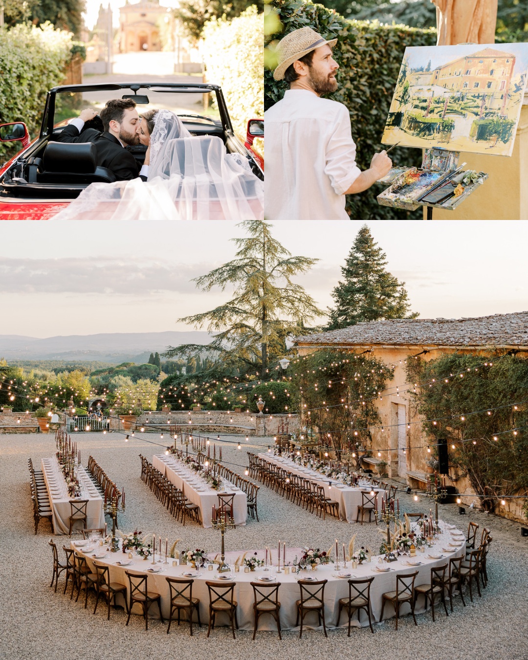 A romantic wedding collage: a couple kisses in a vintage red convertible; an artist paints a scenic view of a villa; a beautifully decorated outdoor reception with U-shaped table settings under string lights, surrounded by lush greenery and a rustic villa backdrop.