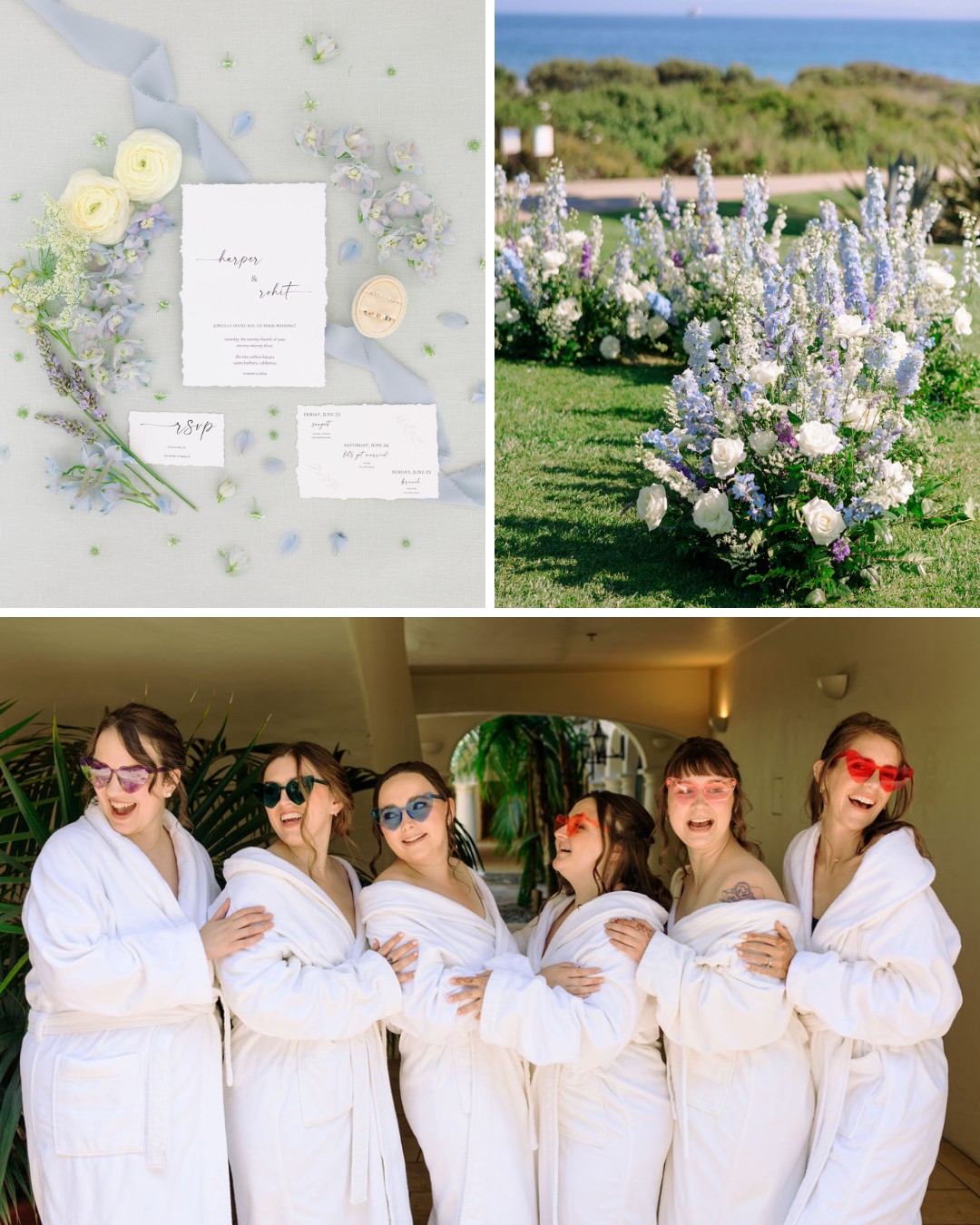 A collage of three images: the top left shows wedding invitations surrounded by flowers, the top right displays a scenic outdoor wedding altar adorned with floral arrangements, and the bottom features five women in white robes smiling and posing together.