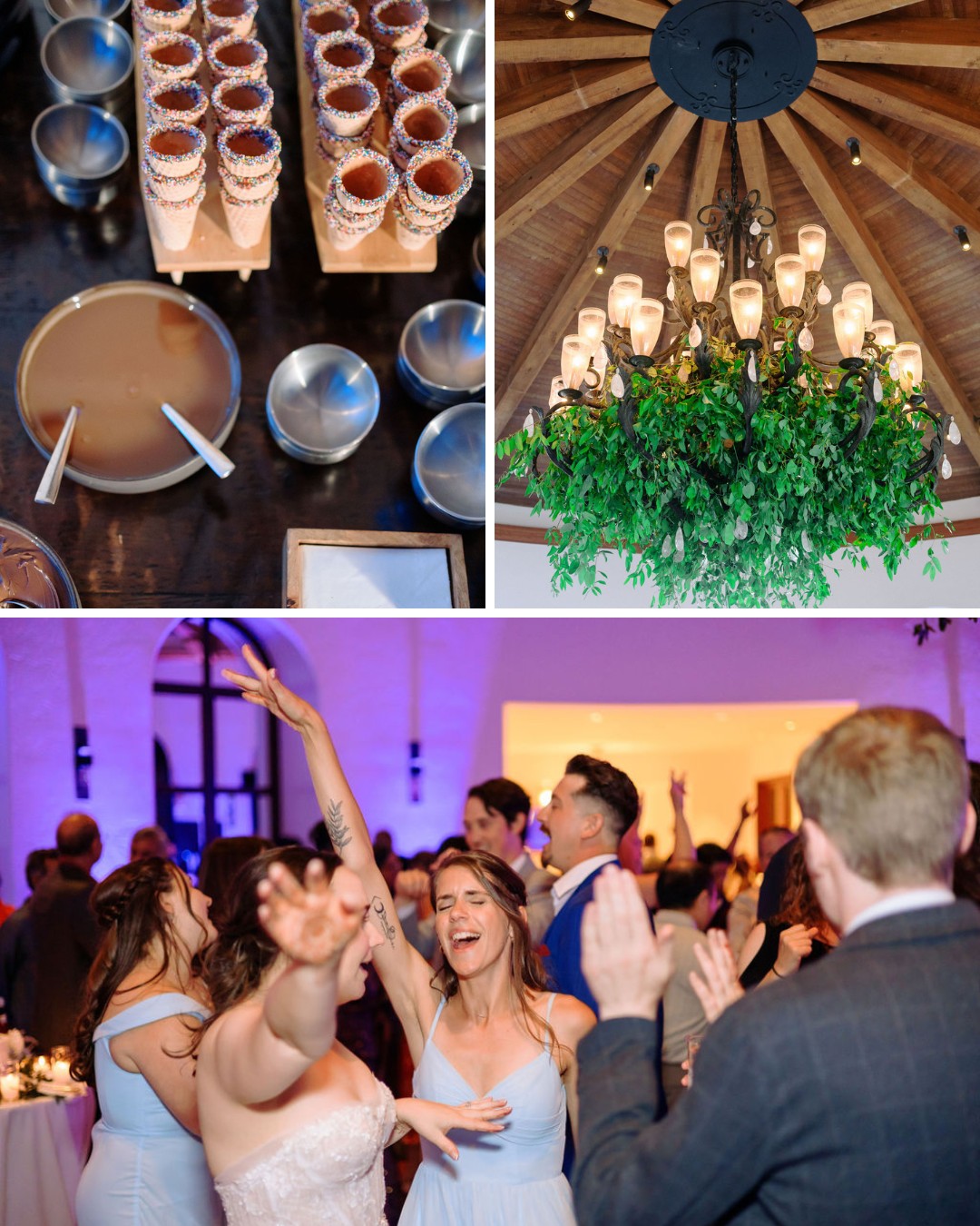 The image consists of three sections: the top shows a table with shots rimmed with crushed toppings, the middle displays a chandelier adorned with green foliage, and the bottom features people dancing at a lively event, with women in light blue dresses.