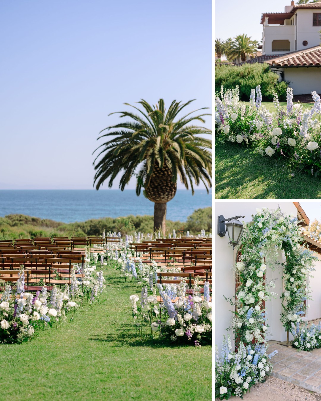 A scenic outdoor wedding setup features rows of wooden chairs facing the ocean, lined with floral arrangements. A large palm tree stands near the ceremony space. Two additional images show intricate floral decorations on a garden arch and along a white wall.