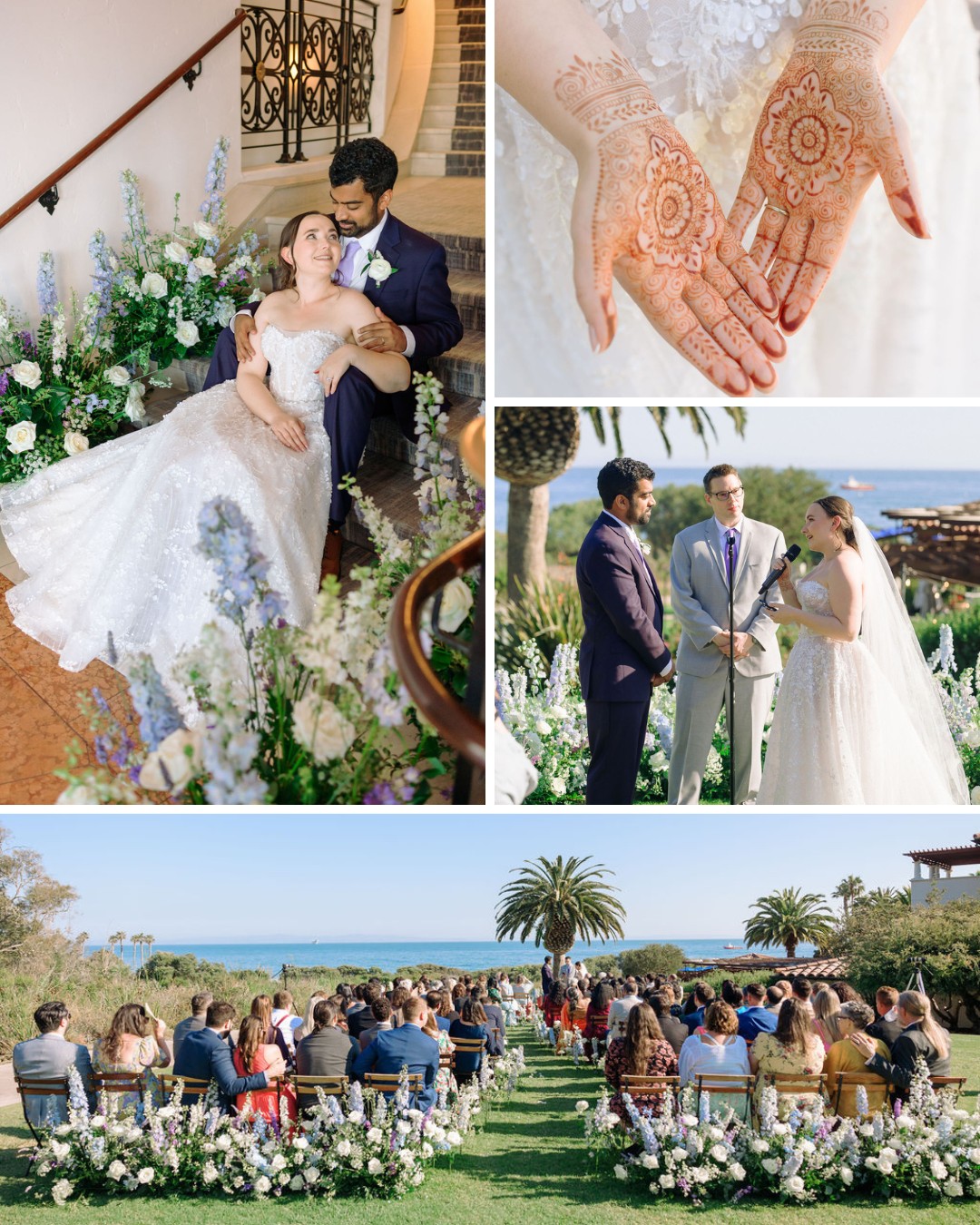 A bride and groom sit together amid flowers, the bride showing henna-adorned hands. Another image shows them exchanging vows outdoors by the ocean under a clear sky. The final image is a view from the back of the crowd, highlighting the scenic beachfront ceremony.