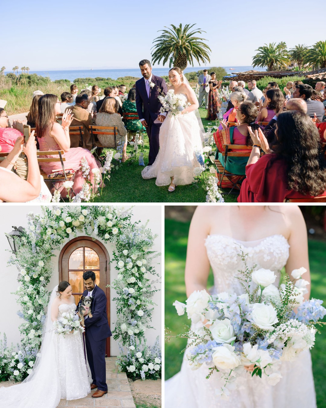 A collage of wedding pictures shows a couple walking down the aisle outdoors under palm trees with guests clapping, posing in front of a floral arch, and the bride holding a bouquet of white and blue flowers. The bride's lace gown and the groom's suit are visible.