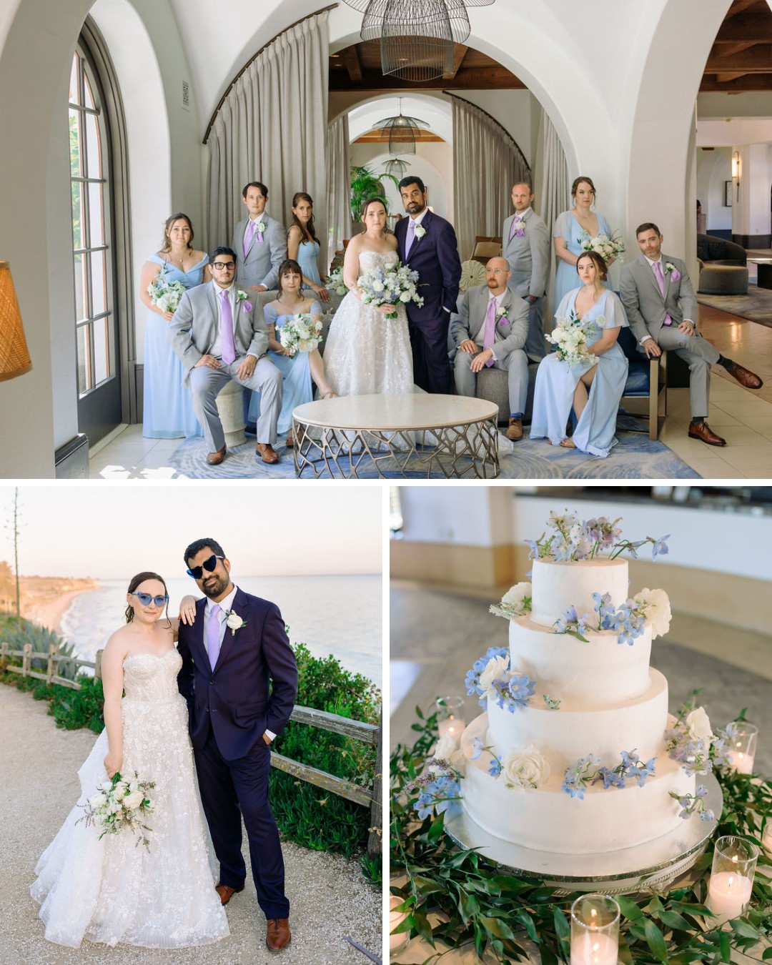 A collage of three wedding photos. The top shows a bridal party posing indoors with the bride and groom in the center. The bottom left features the bride and groom standing outdoors near a coastal view. The bottom right displays a white tiered wedding cake decorated with flowers and greenery.