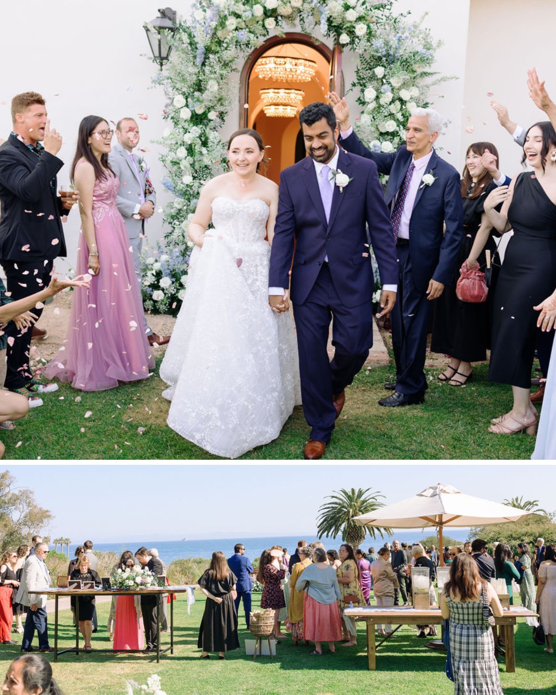 Top image: A bride and groom, both smiling, walk hand-in-hand under a flower arch as guests standing around celebrate by throwing petals. Bottom image: Wedding guests gather on a lawn near the sea, with tables set under umbrellas as part of an outdoor reception.