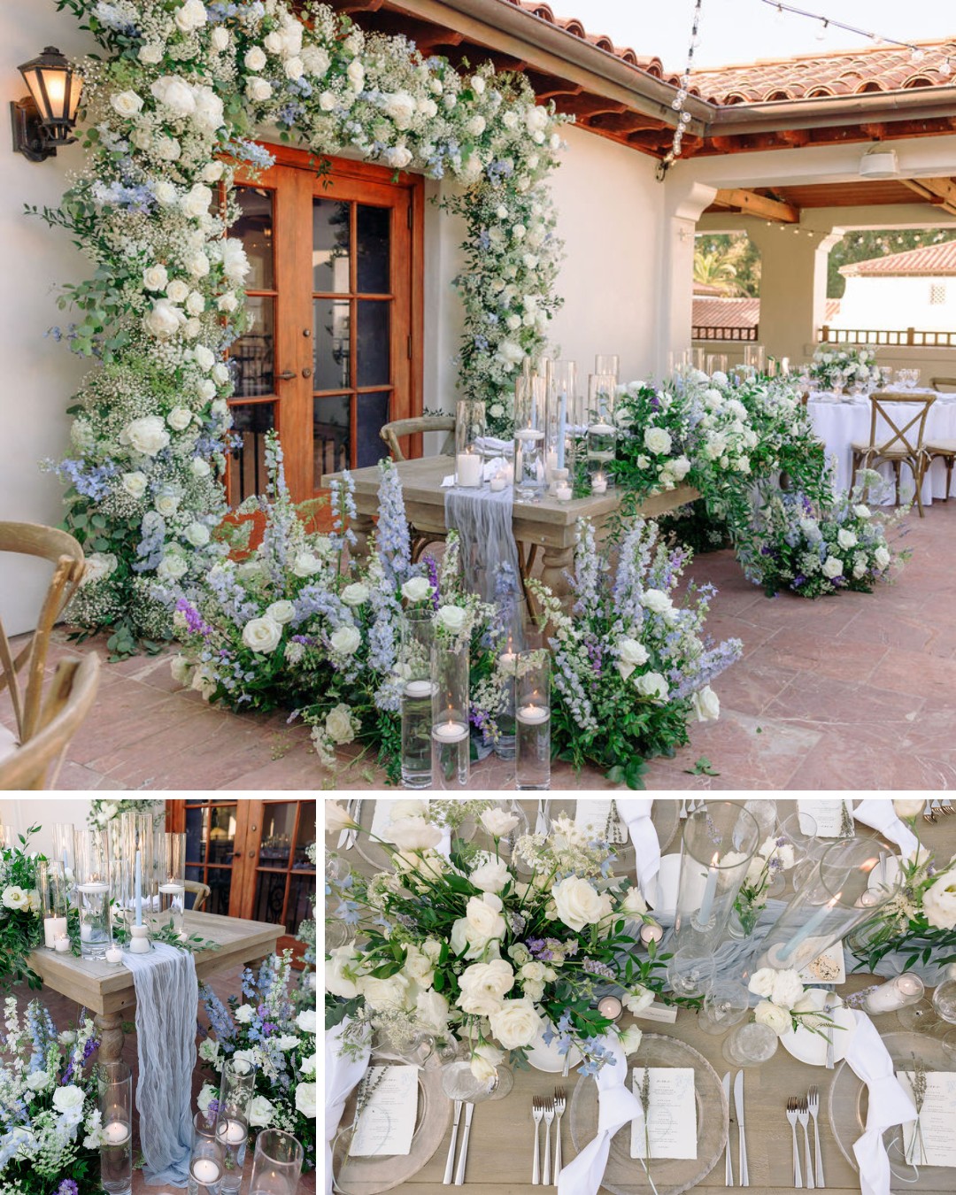 A beautiful wedding setup outdoors. The top image shows a floral arch with white roses and greenery around a wooden door, with a decorated table in front. The bottom images display close-ups of the table, adorned with candles, white roses, and elegant place settings.