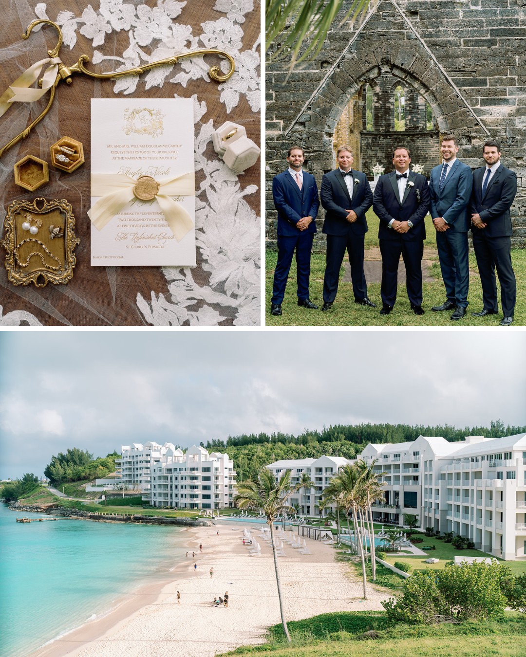 A wedding collage: a flat lay of wedding invitations and rings, four men in formal wear posing at an ancient stone archway, and a scenic view of a coastal resort with white buildings, a sandy beach, and turquoise water.